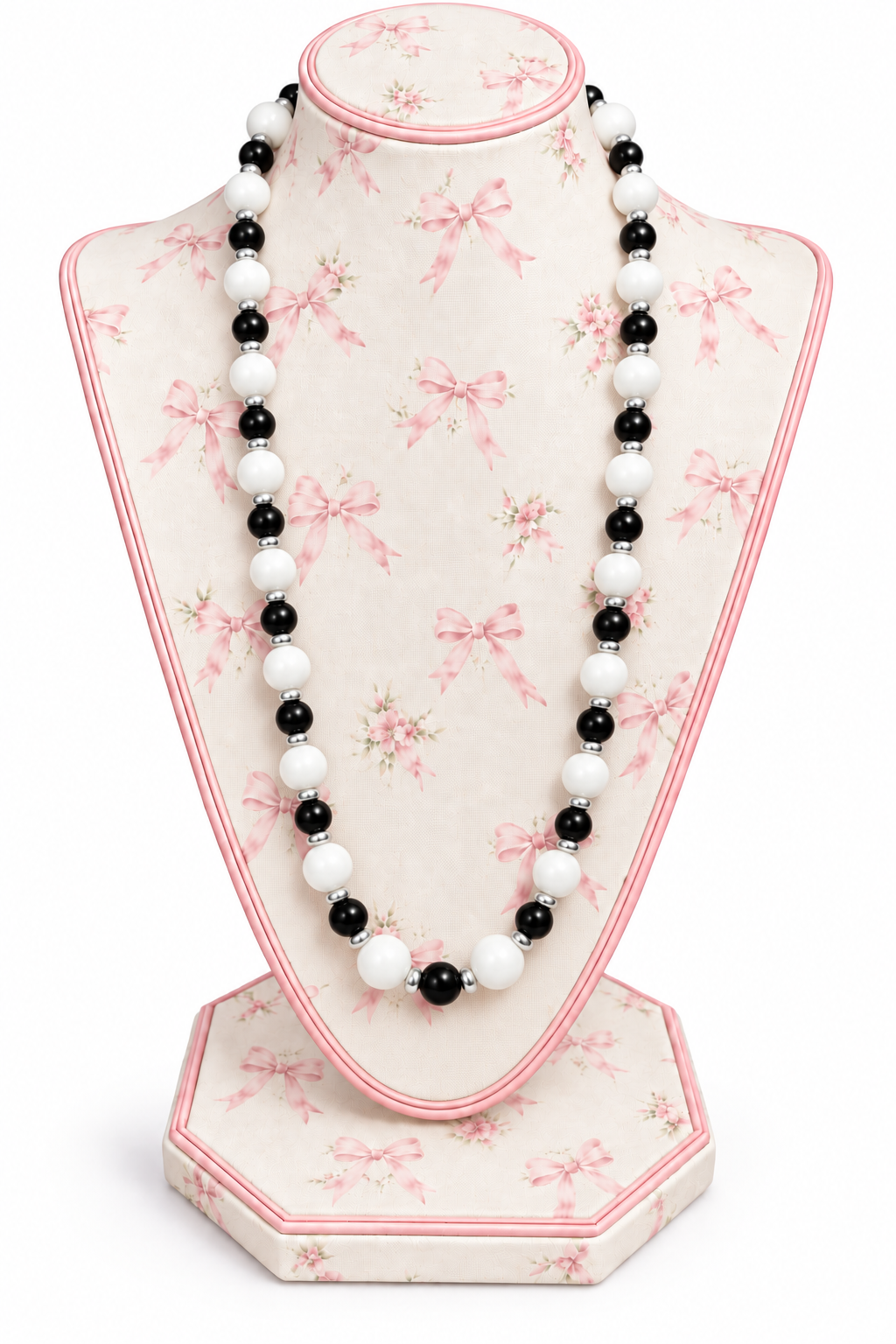 Vintage 1980s Black & White Geometric Round Bead Necklace – Silver-Tone Spacers – 25”