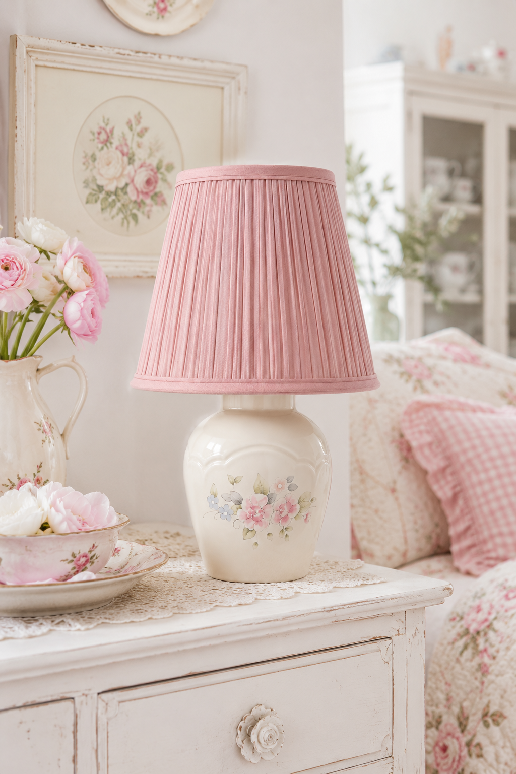 Vintage Pfaltzgraff Tea Rose Table Lamp with Pink Pleated Shade | Floral Ceramic Cottagecore Lamp