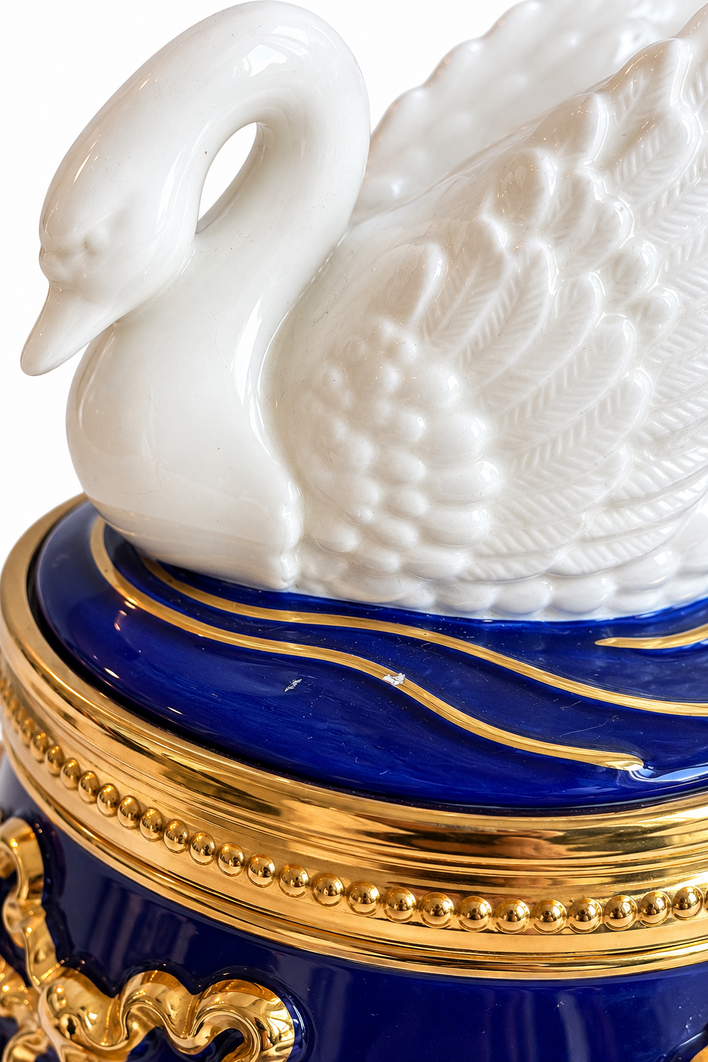 Vintage 1990s Teleflora Cobalt Blue & Gold Swan Musical Jewelry Trinket Box – Plays “Swan Lake”