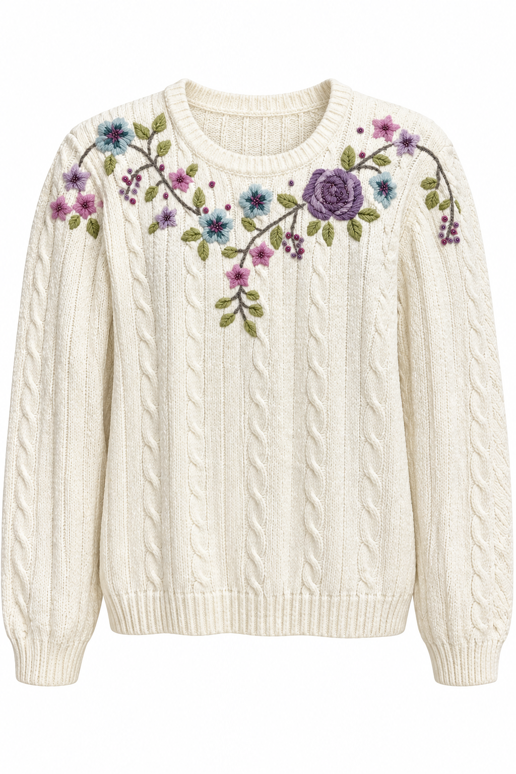 Vintage 1990s Alfred Dunner White Cable Knit Pastel Floral Embroidered Sweater Size M