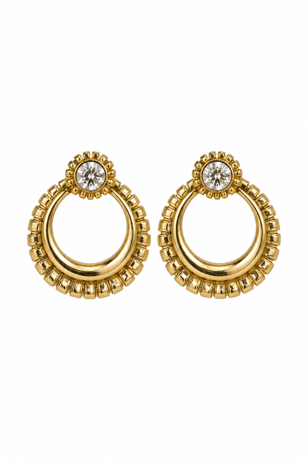 Vintage 1980s Gold-Tone Rhinestone Ribbed Open Hoop Statement Stud Earrings