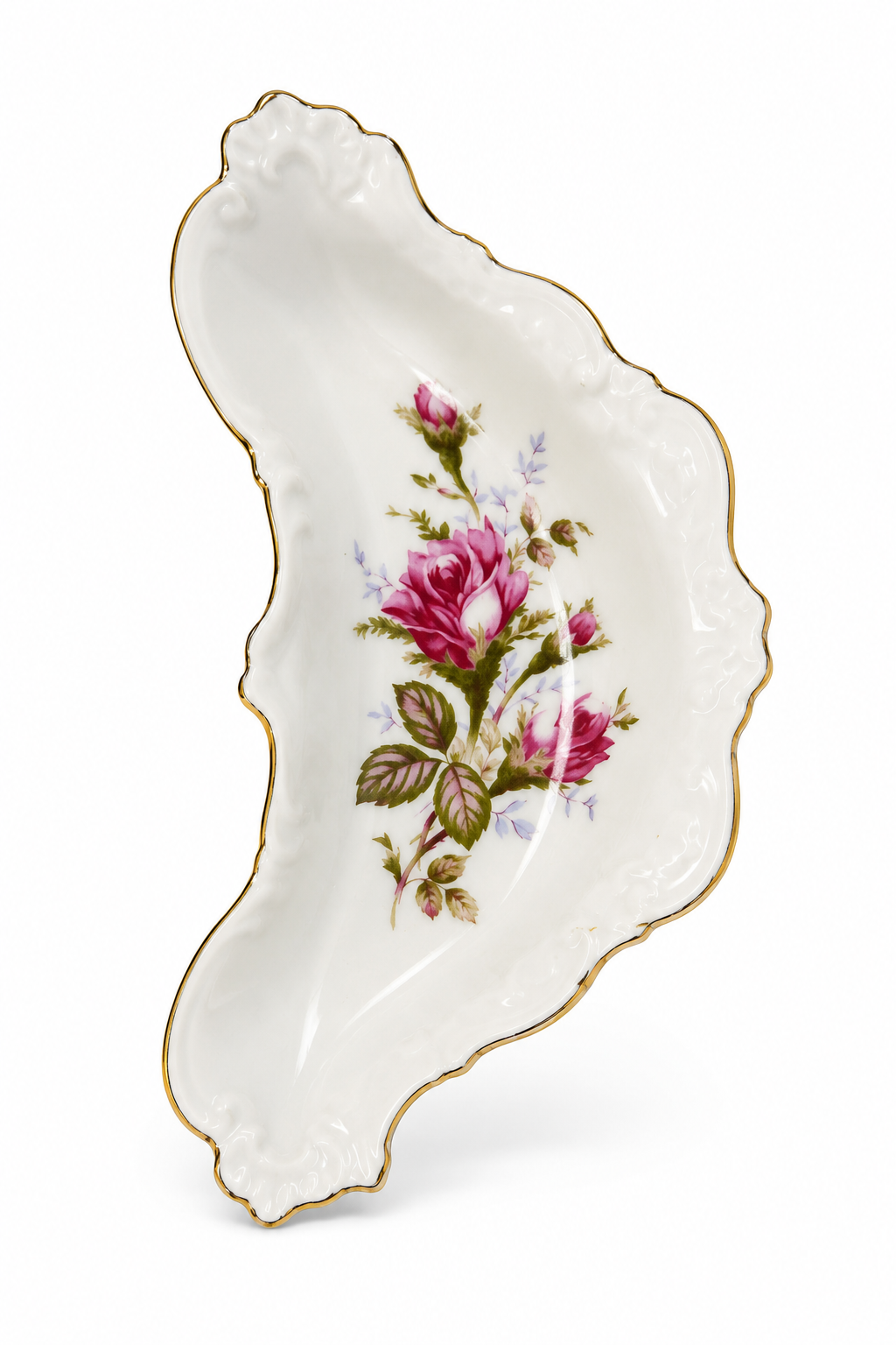 Vintage 1950s Pink Rose Porcelain Jewelry Trinket Dish – Gold Trim