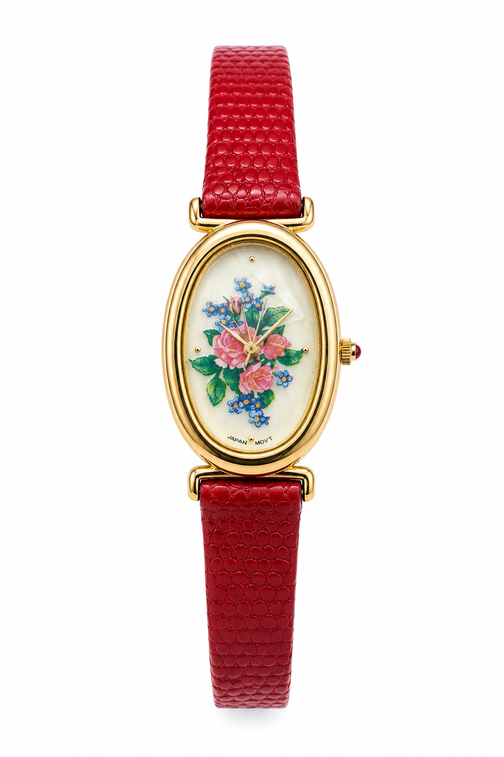 Vintage 1993 Avon Red Floral Quartz Watch with Genuine Leather Strap