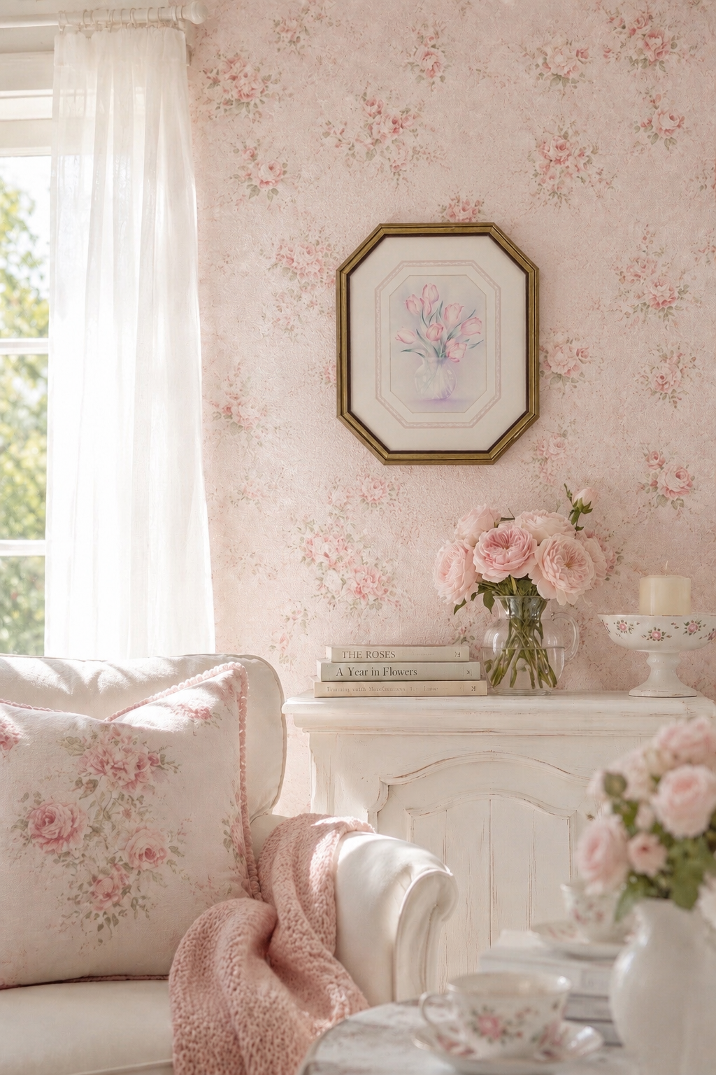 Vintage House of Lloyd Pink Tulip Floral Wall Art | Octagon Gold Frame | Romantic Cottage Wall Decor | 14” x 11”