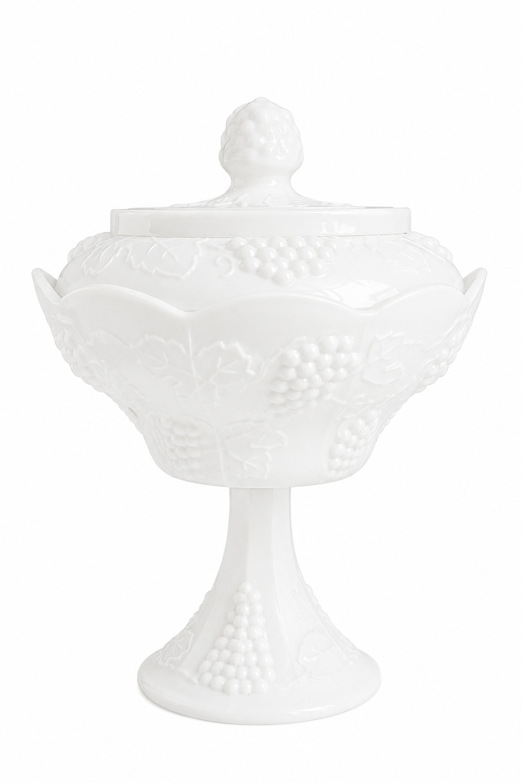 Vintage 1950s–1960s Indiana Glass Colony Harvest Milk Glass Pedestal Candy Dish with Lid | Grape & Vine Compote | 10”