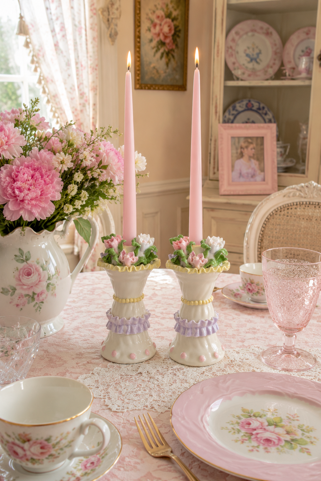 Vintage 1980s Porcelain Floral Candlestick Holders Set of 2 | Pastel Pink Flowers & Lavender Ruffle | Cottagecore Decor