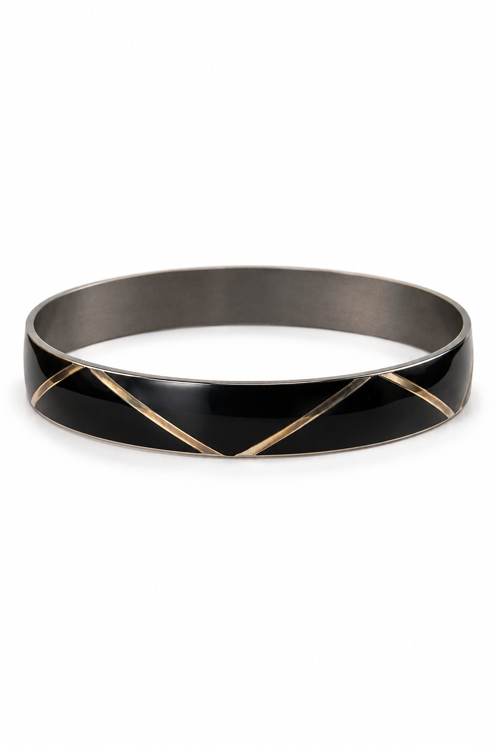 Vintage 1980s-90s Napier Black Enamel & Faded Gold-Tone Geometric Bangle Bracelet – 8.25”