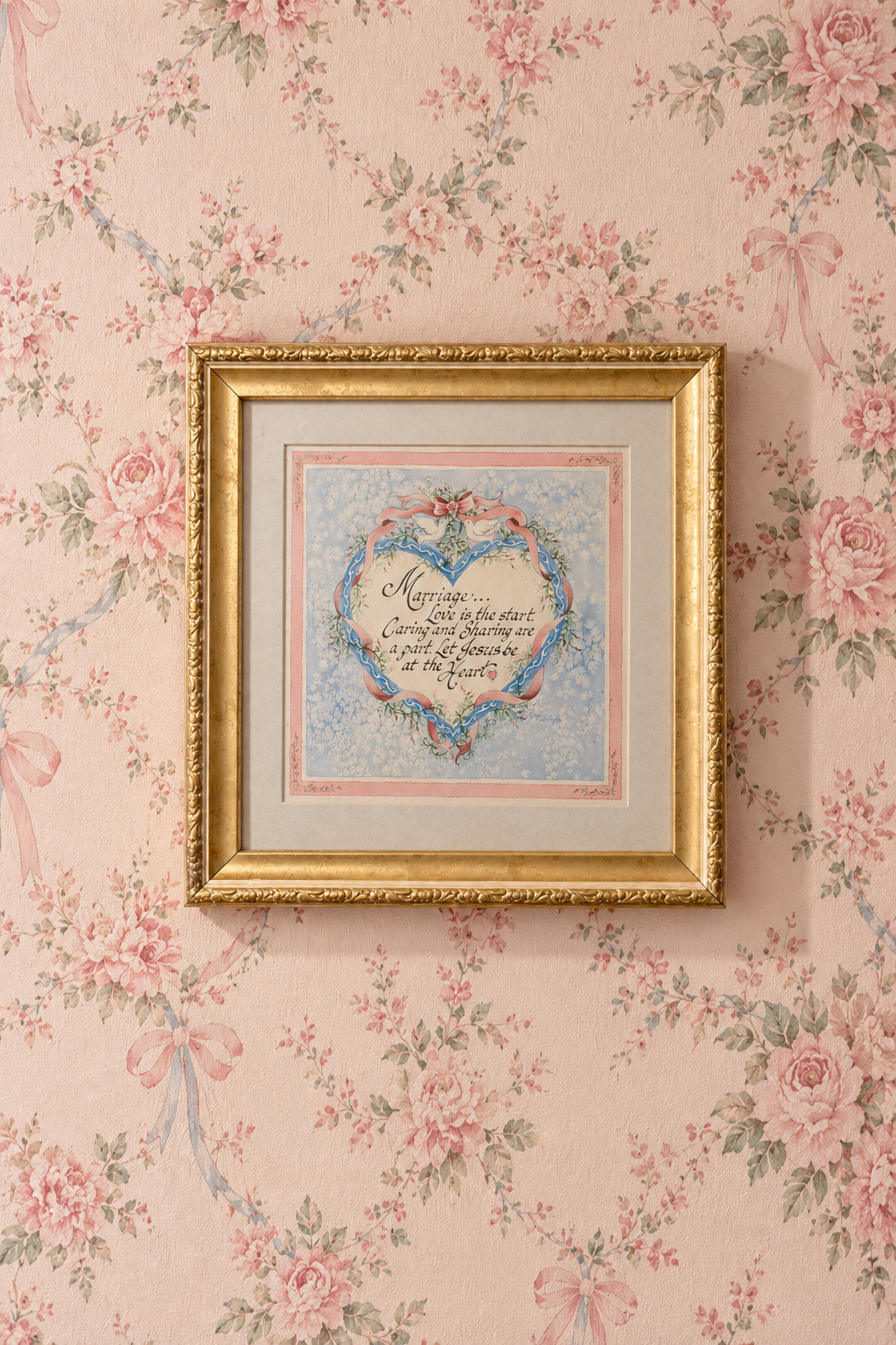 Vintage 1980s Religious Marriage Framed Wall Art | Jesus Wedding Blessing | Gold-Tone Frame