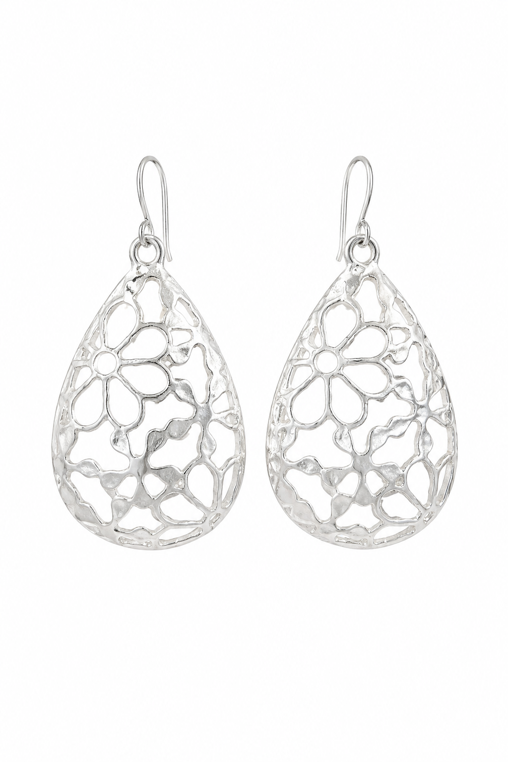 Sterling Silver Floral Filigree Teardrop Earrings | Openwork Dangle Earrings