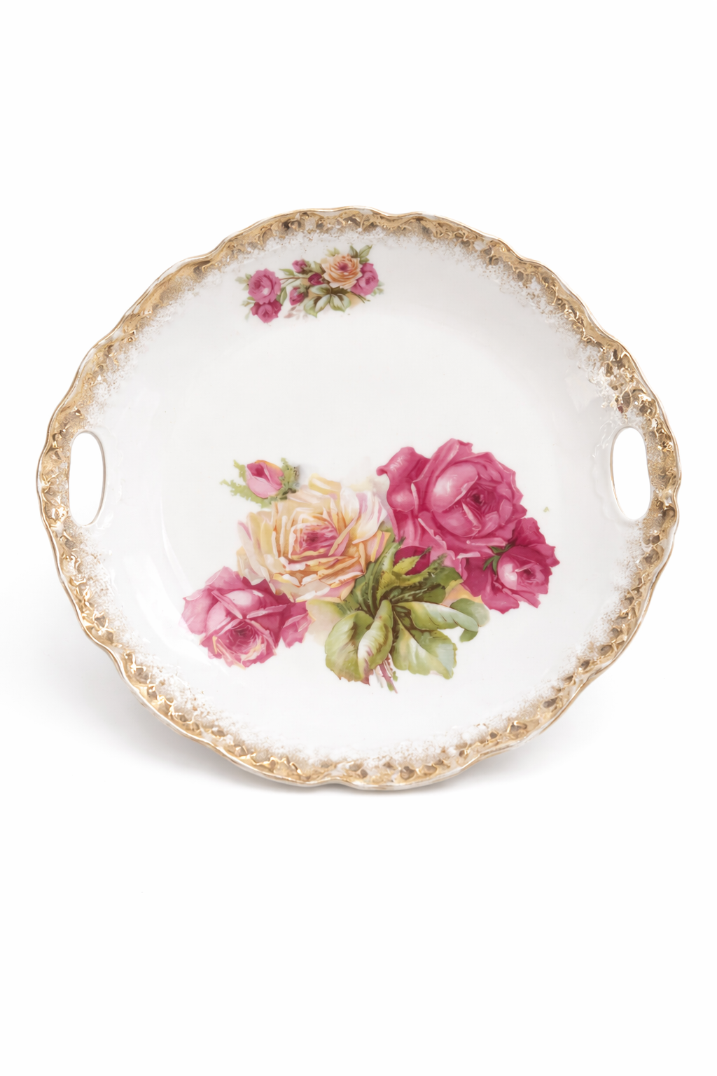 Vintage German Porcelain Serving Plate with Handles |Pink Rose Floral, Gold Trim, 10.5” Decorative Wall Plate