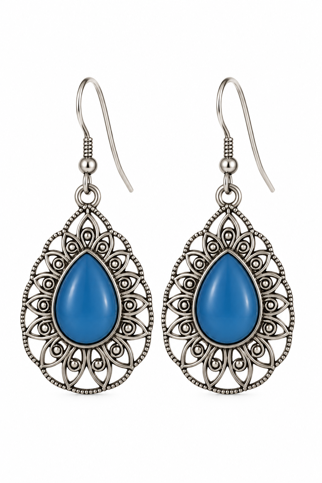 Royal Blue Teardrop Silver-Tone Dangle Earrings | Victorian-Inspired Filigree Statement Jewelry
