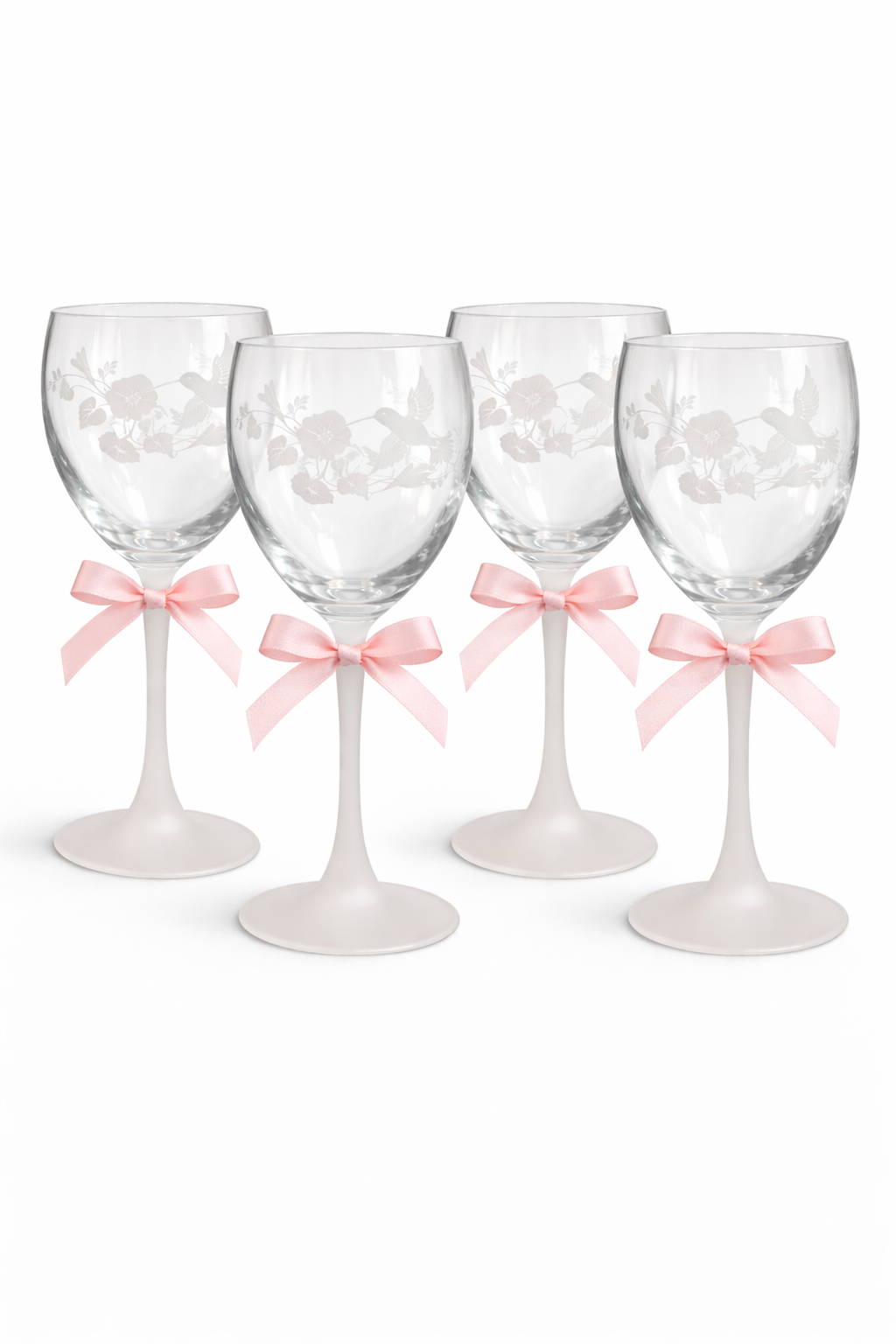 Vintage 1980s Avon Lead Crystal Wine Glass Set (4) | Hummingbird Floral Etched, Frosted Satin Stem, French Crystal