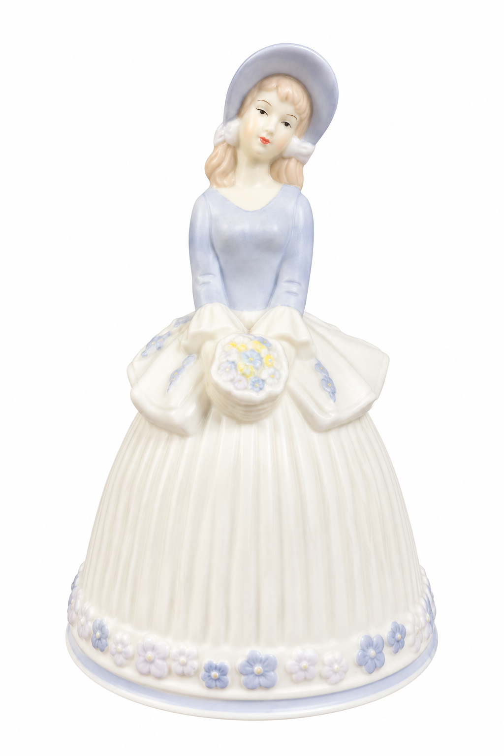 Vintage 1970s–1980s Victorian Lady Ceramic Dinner Bell Figurine – Lavender Blue Floral