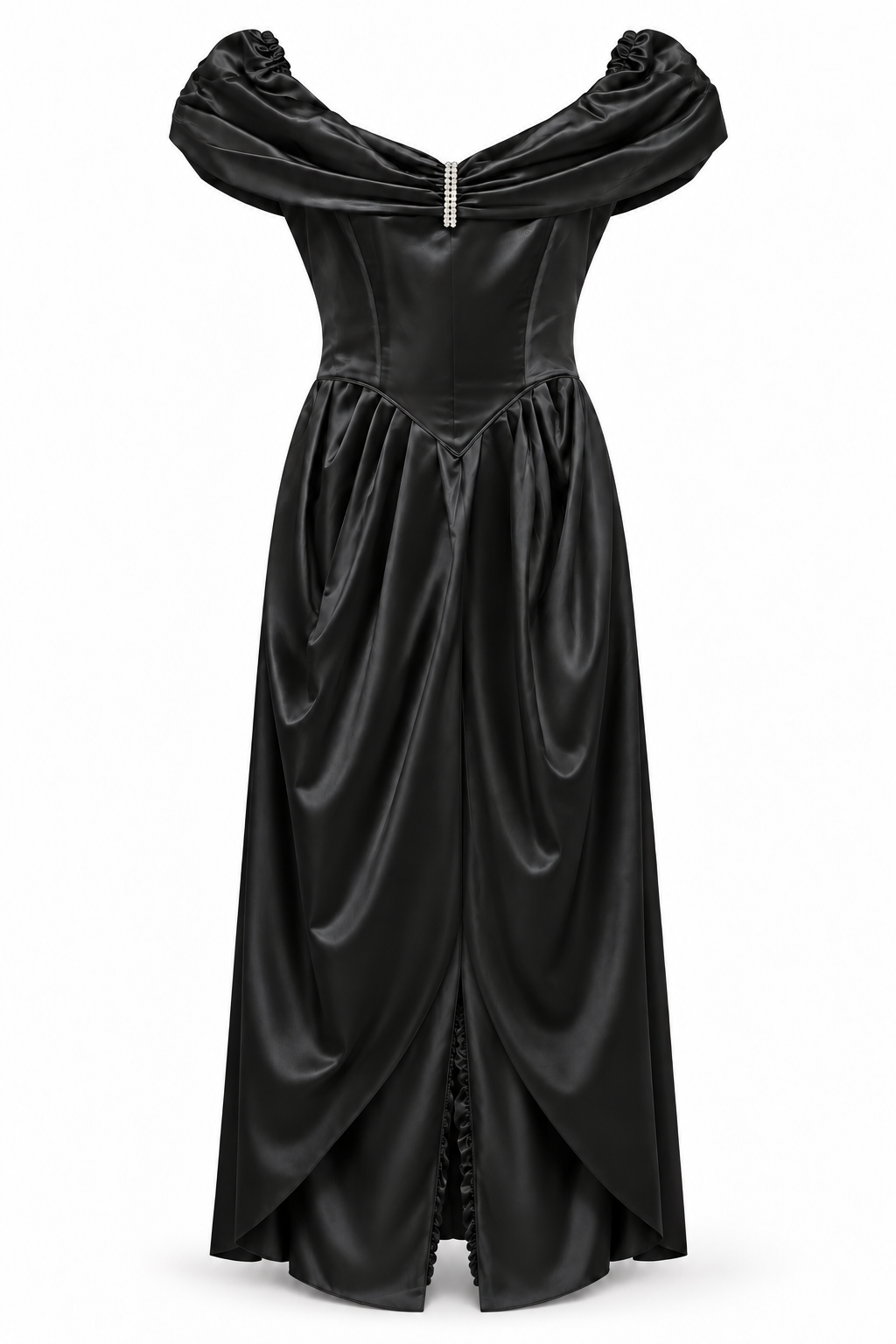 Vintage Zum Zum Black Satin Off-Shoulder Ruched Evening Gown – Ruffle Back Union Made USA – Size 7