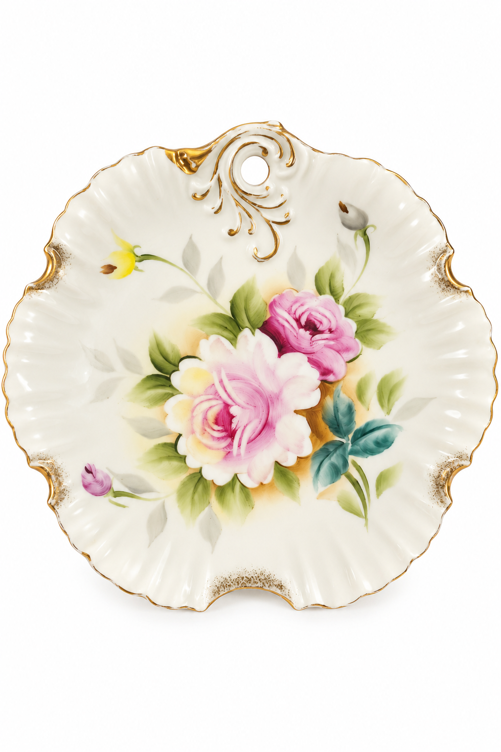 Vintage 1950s Hand-Painted Porcelain Floral Dish – Pink Roses & Gold Trim