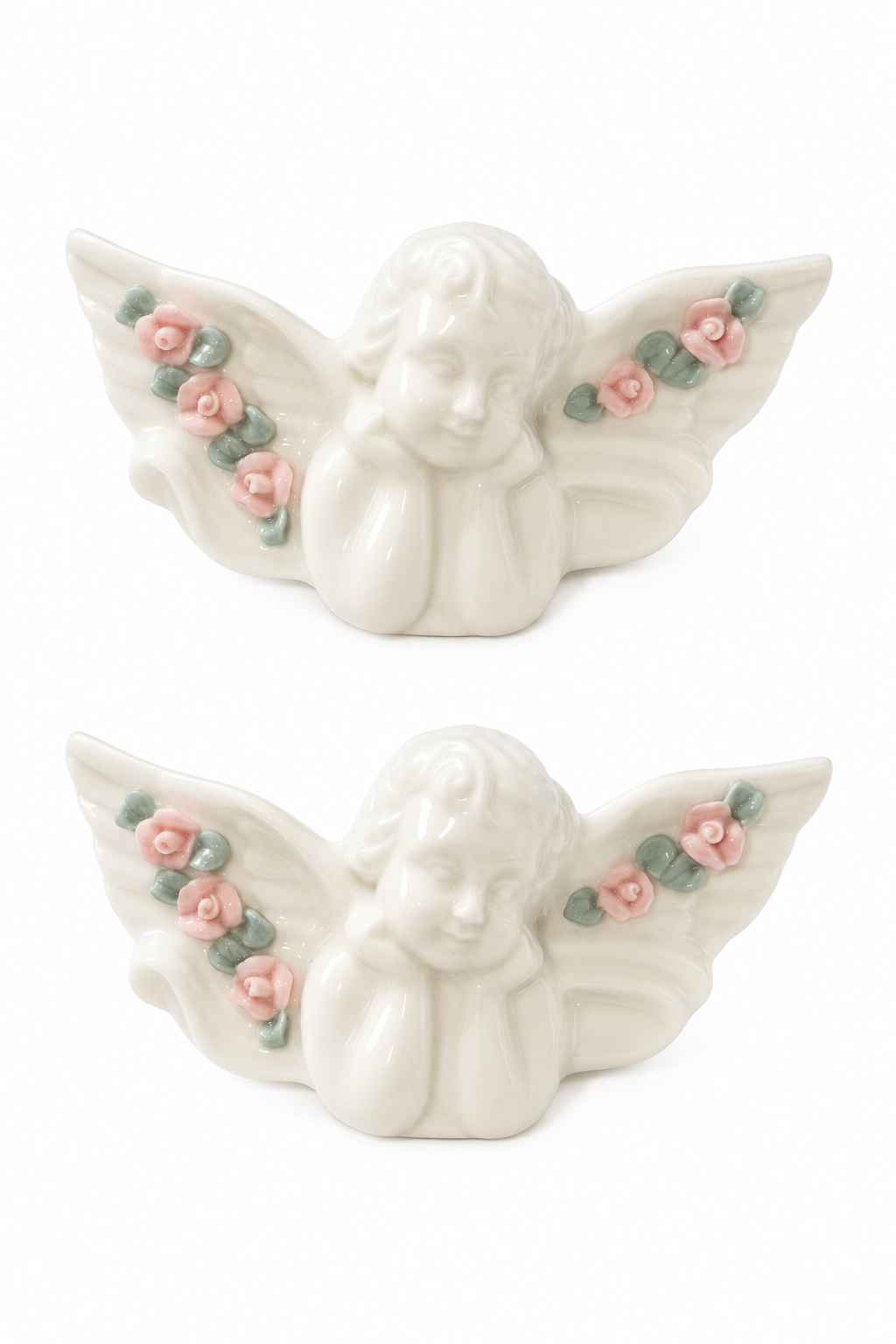 Vintage Set of 2 Porcelain Angel Wall Plaques | Cherub & Rose Wall Décor | Shabby Chic Cottagecore Angels