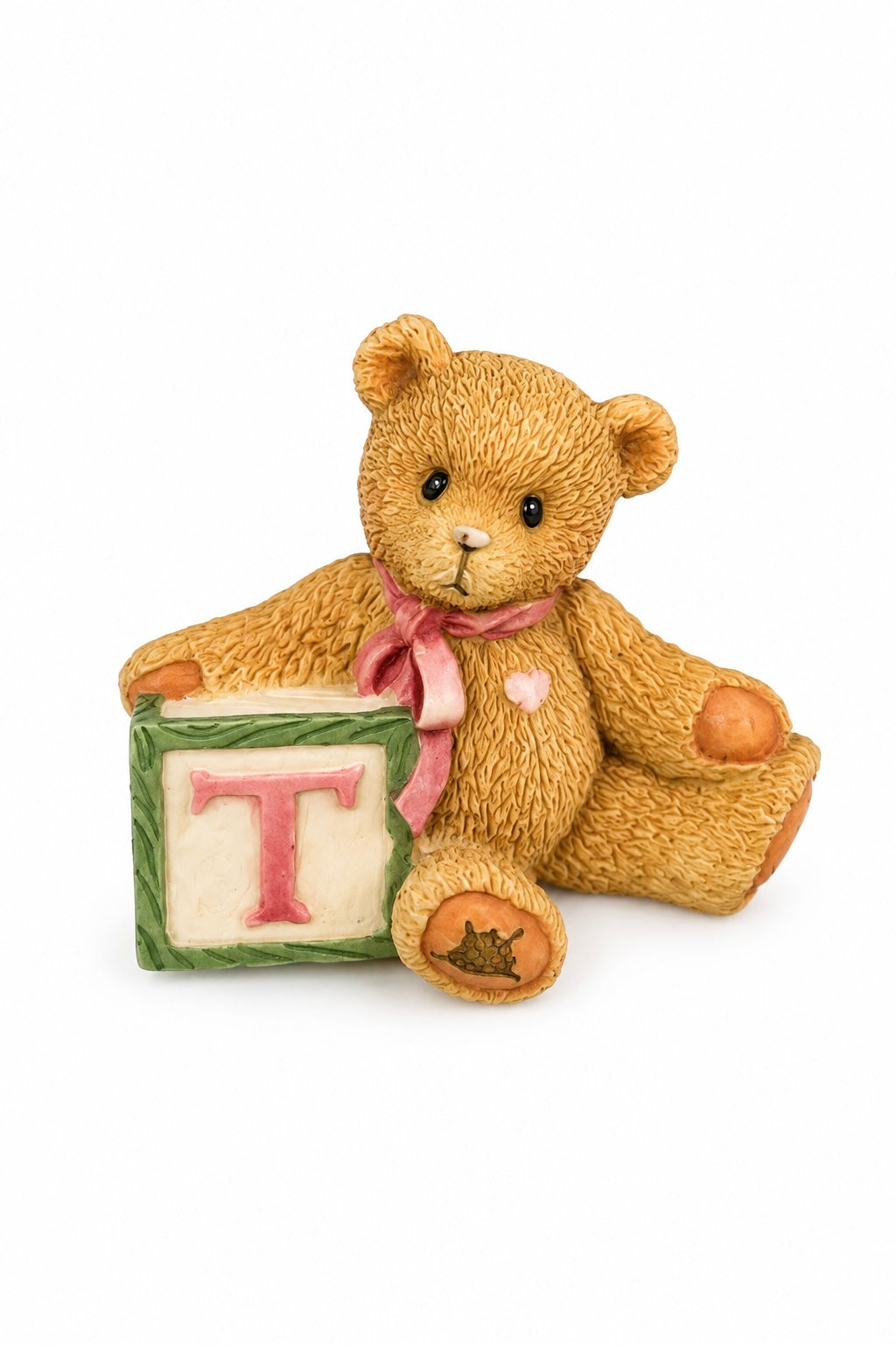 Vintage 1995 Cherished Teddies “T” Alphabet Block Teddy Bear Resin Brooch Pin – 2”