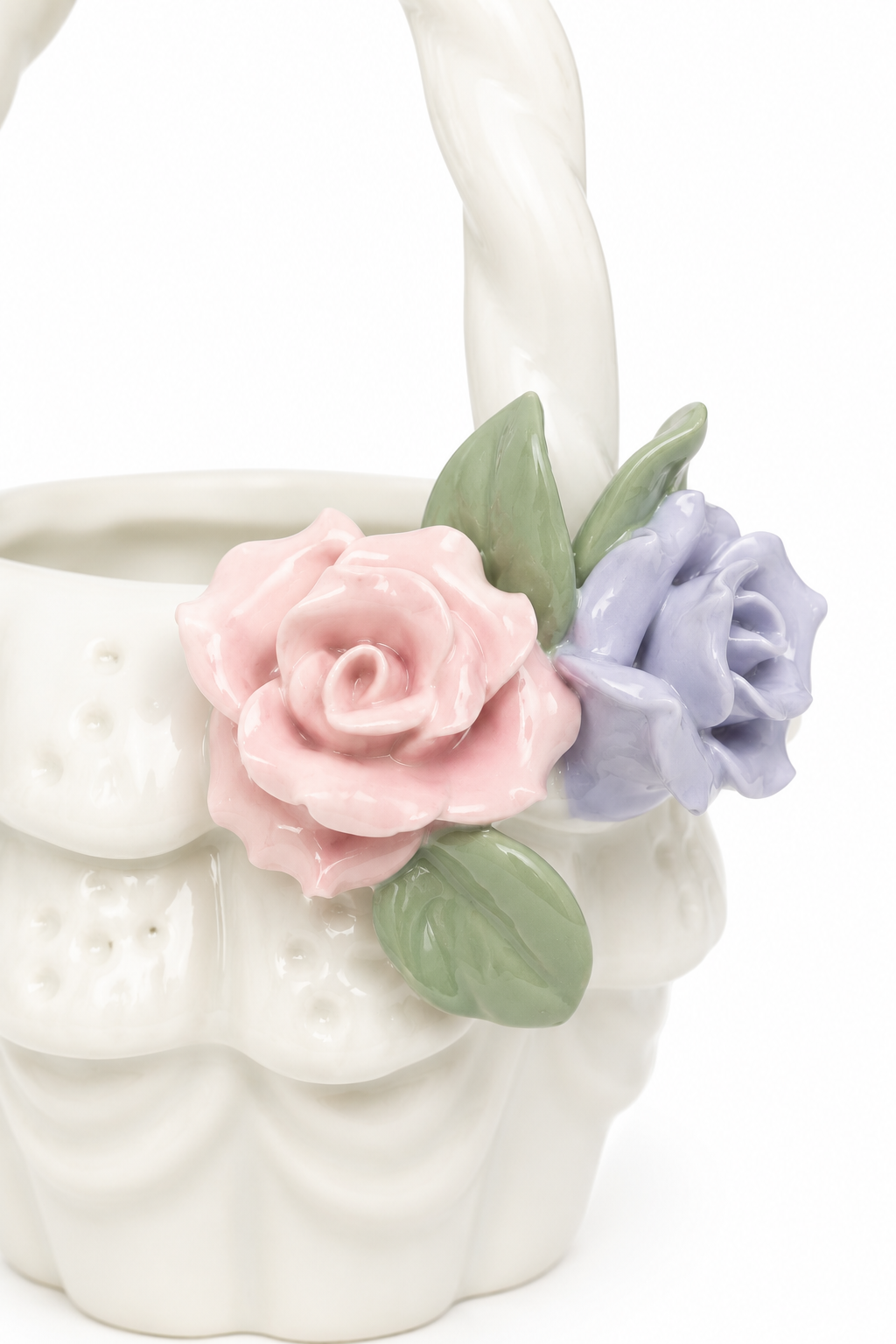 Vintage 1980s Porcelain Floral Basket Trinket Dish | Rose Ring Holder | Cottage Style Jewelry Catchall
