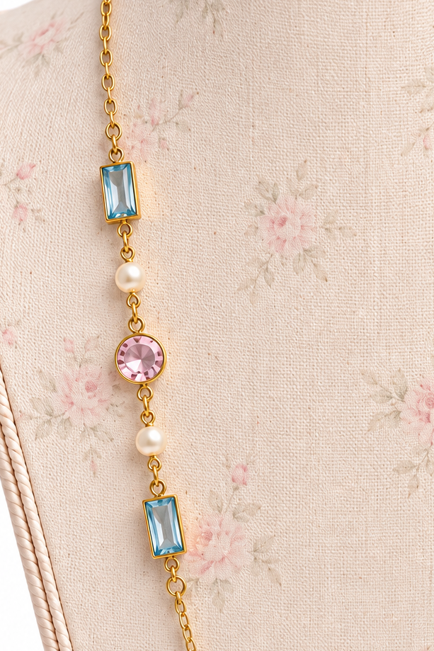 Vintage 1990s Avon Gold-Tone Pastel Pink Blue & Faux Pearl Long Station Necklace