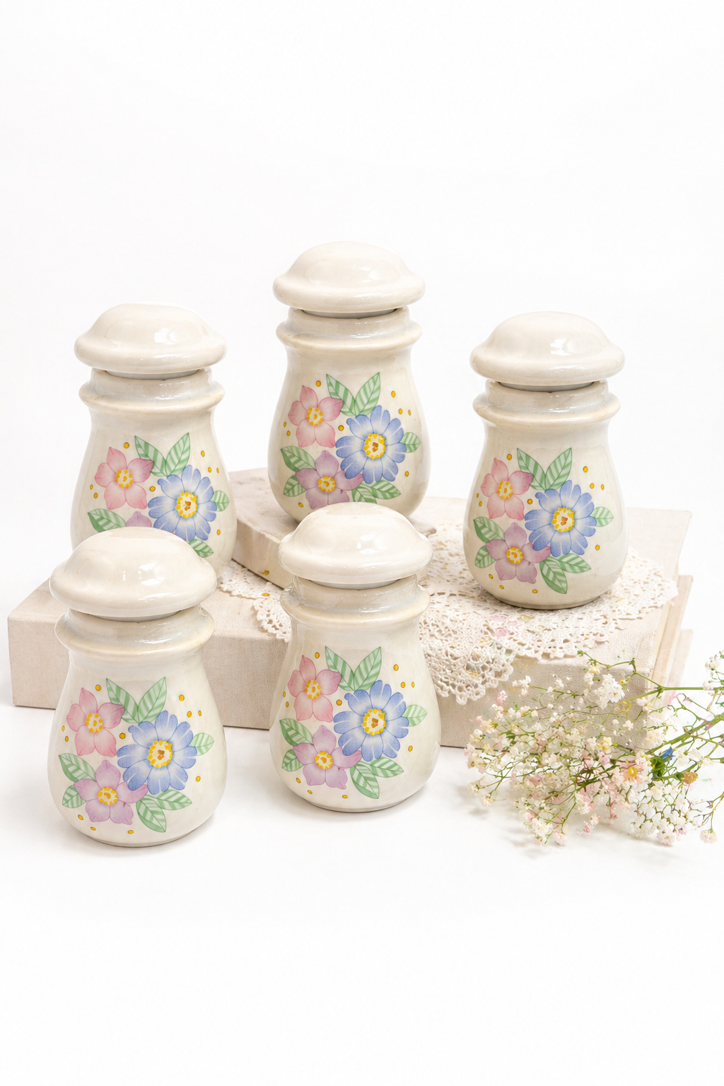 Vintage 1980s Wildflower Ceramic Spice Jar Set | Set of 5 Floral Kitchen Canisters with Lids