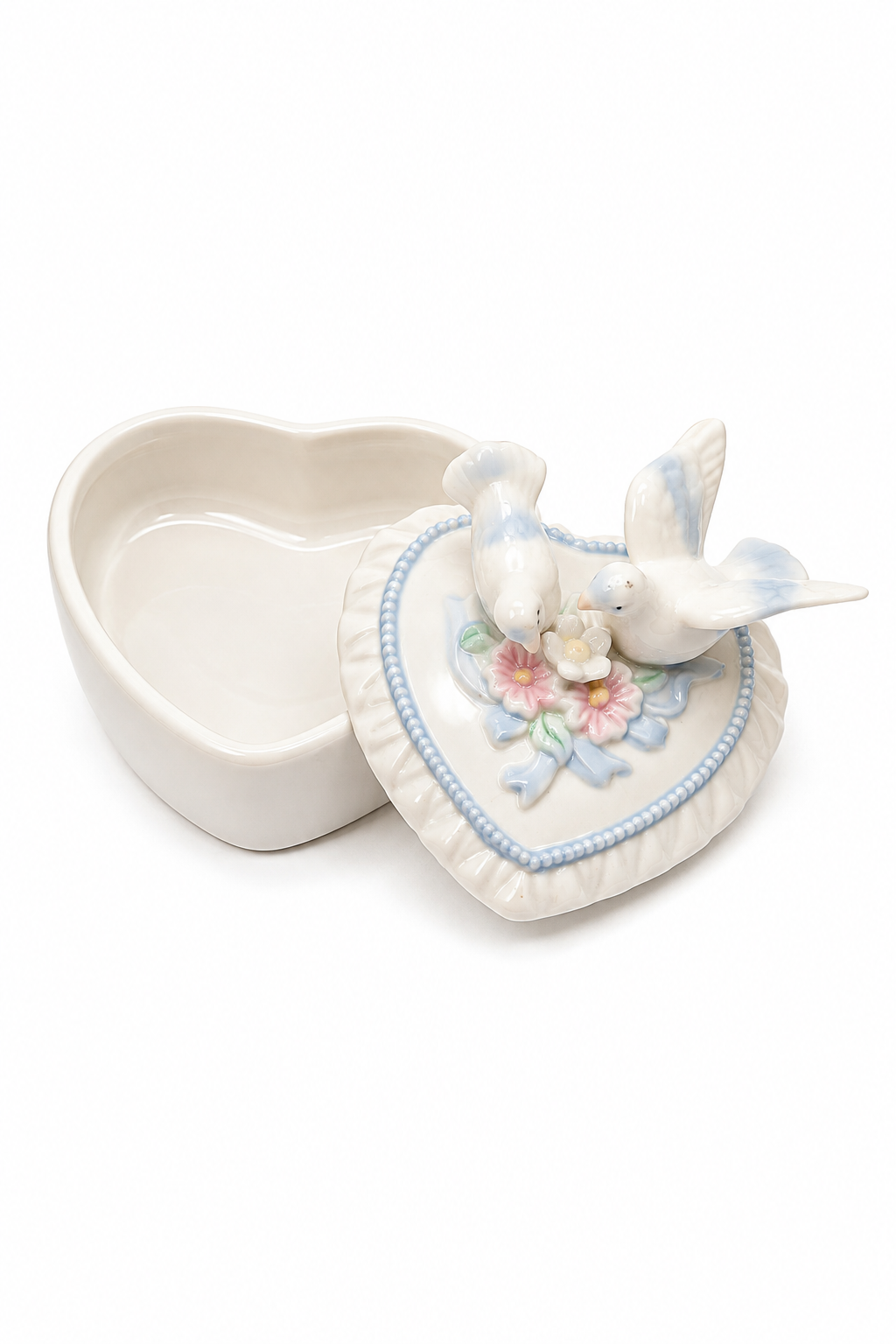 Vintage 1970s–1990s Porcelain Love Birds Heart Trinket Box | Pastel Floral Blue Bird Jewelry Box