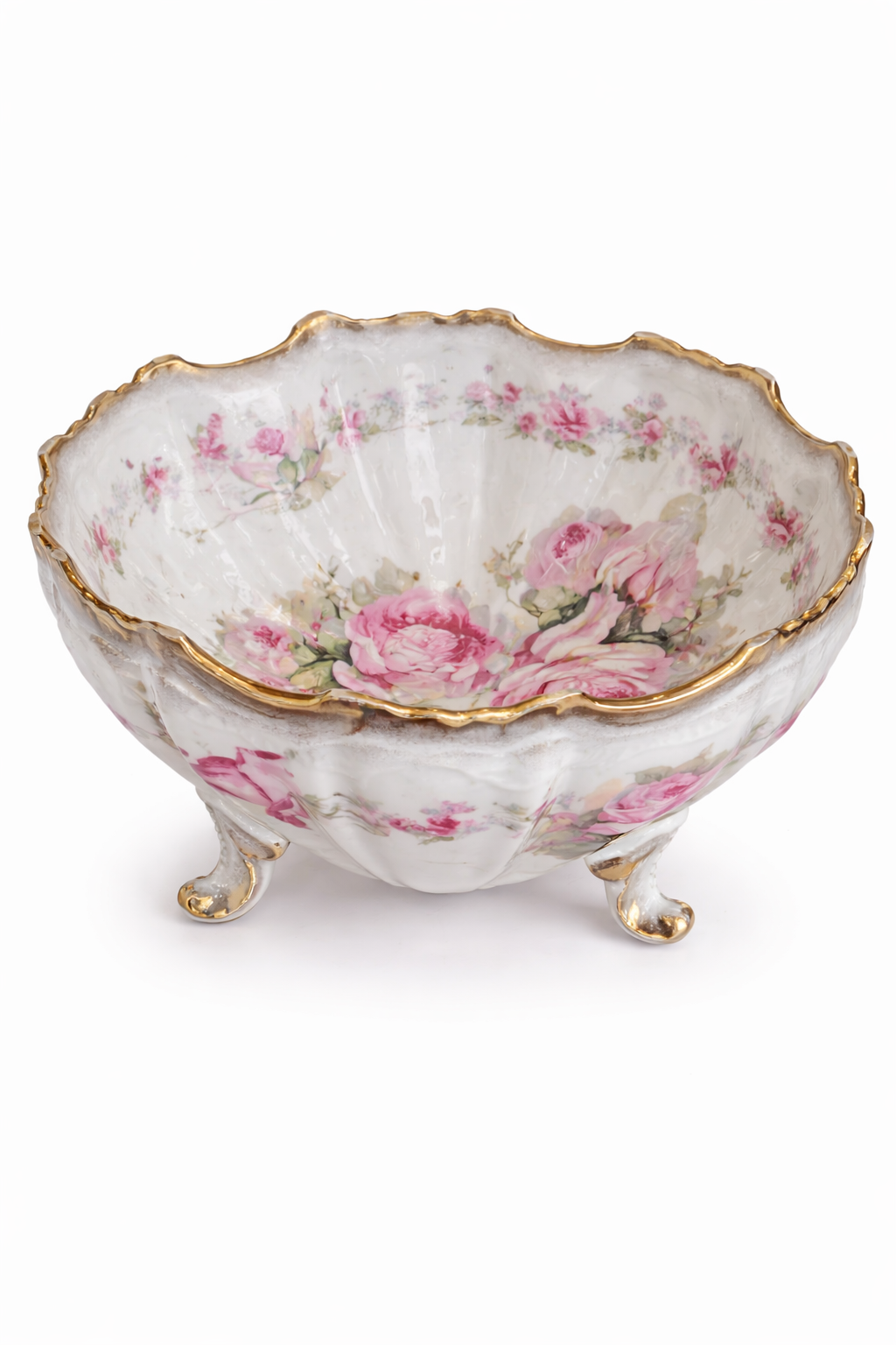 Antique 1891 Rose de Paris French Porcelain Bowl with Feet | Pink Floral, Gold Trim, 8.5” Pedestal Serving Bowl