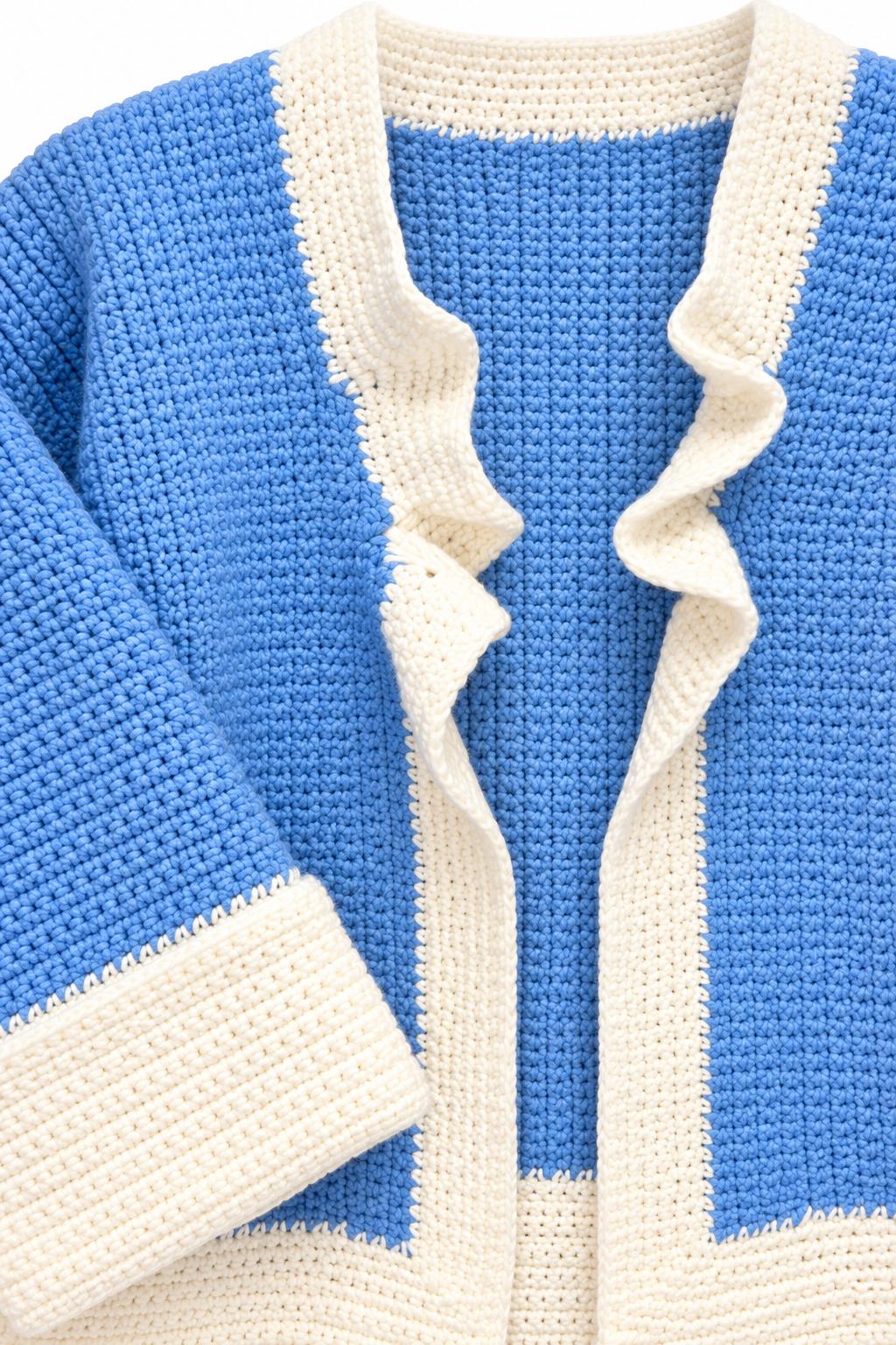 Vintage 1970s Handmade Blue & Cream Crochet Cardigan Ruffle Open Front S/M