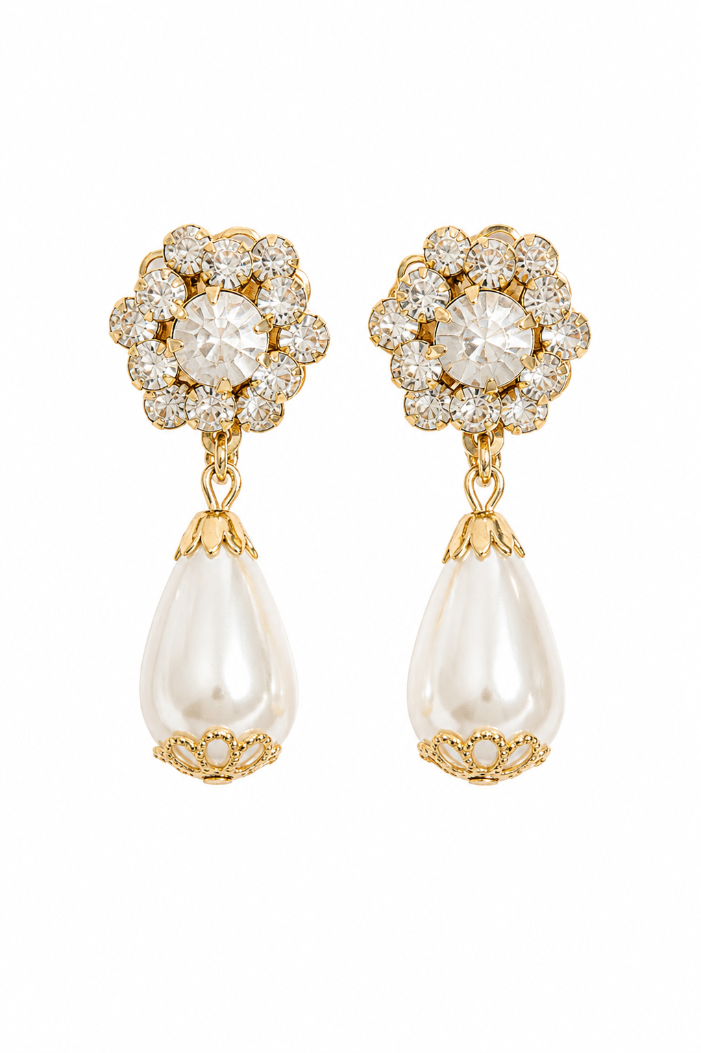 Vintage Faux Pearl & Rhinestone Clip-On Earrings | Elegant Gold Tone Drop Earrings