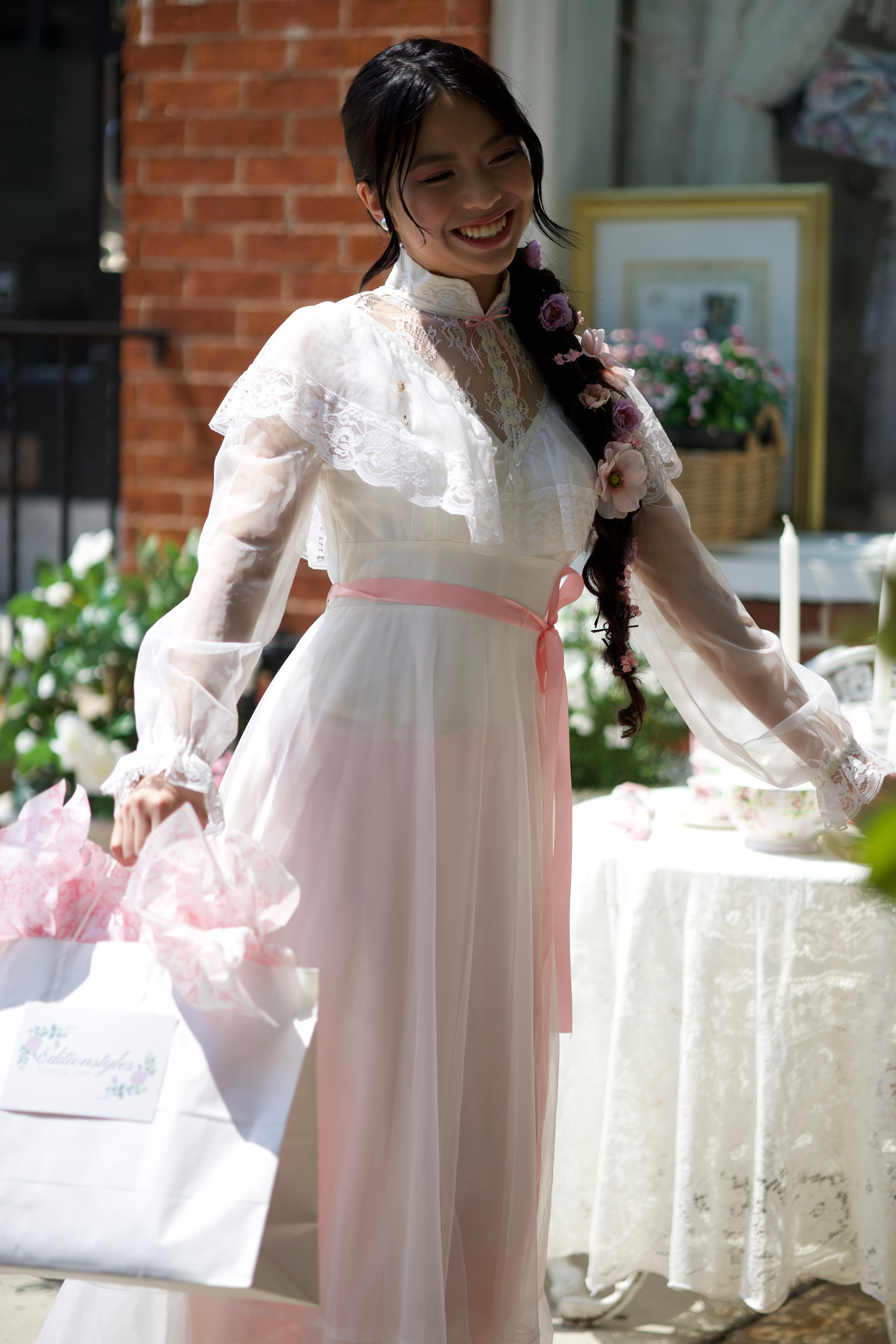 Vintage 1970s Ivory Prairie Dress Pink Ribbon Lace Romantic Bridal Wedding Dress XS/S Handmade