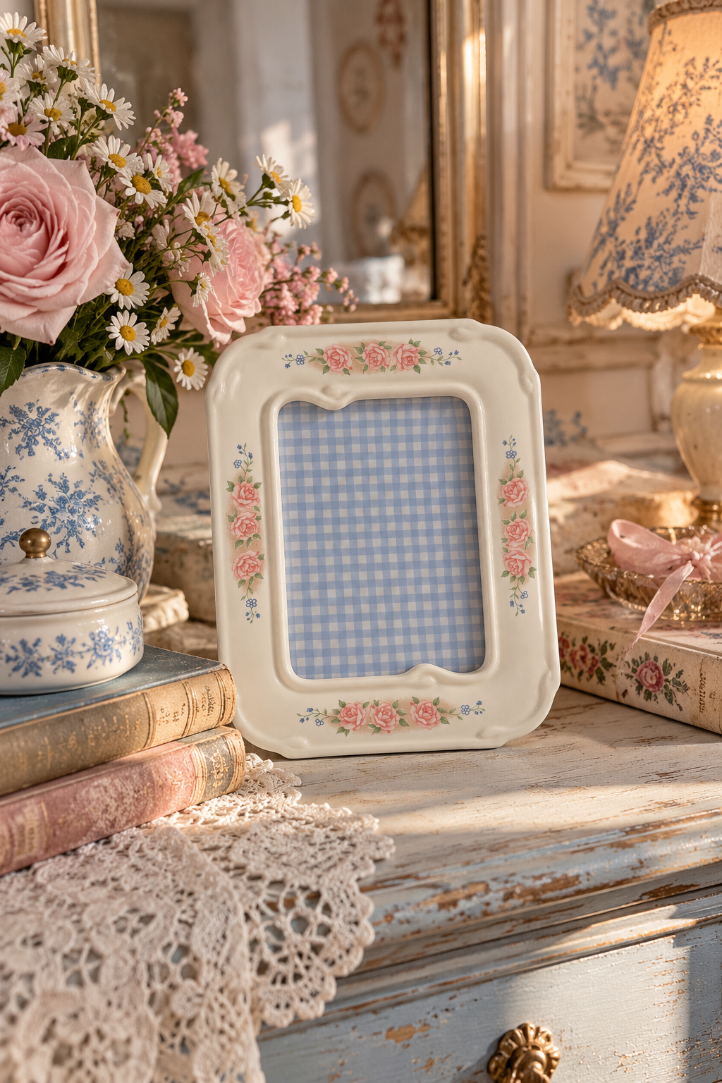 Vintage Pink Rose & Blue Floral Picture Frame | Petite Romantic Photo Frame