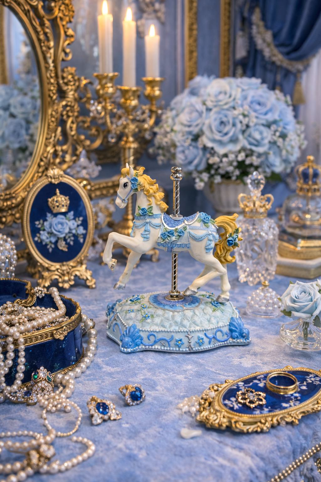 Blue Carousel Horse Music Box | Vintage Style Porcelain Carousel Figurine