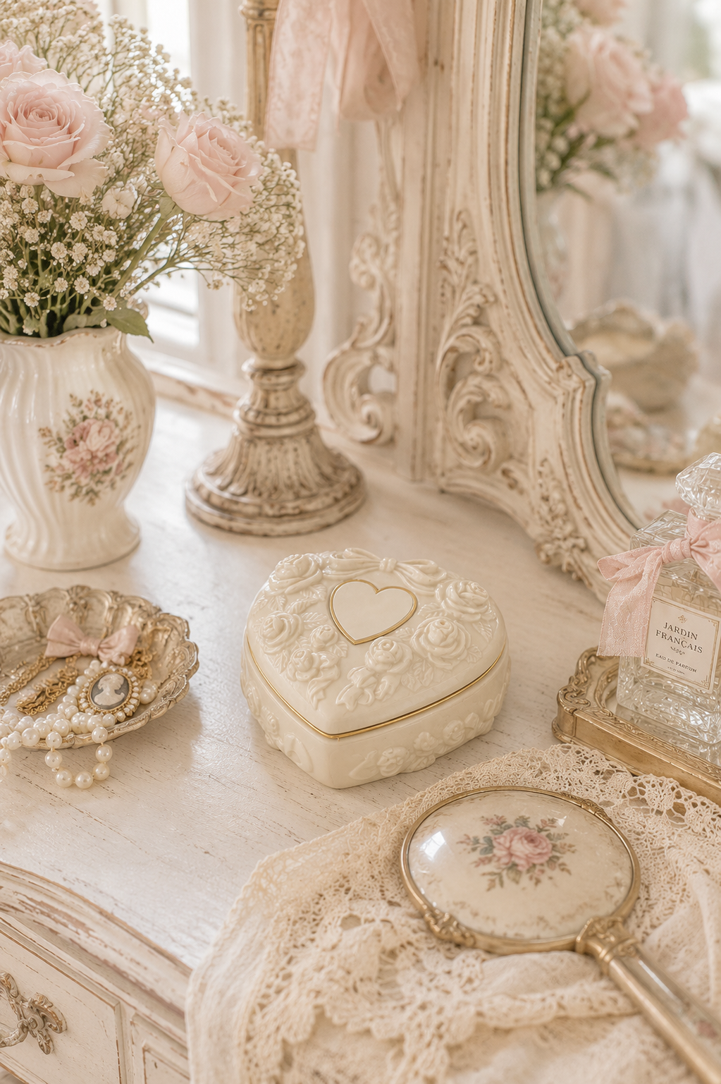 Vintage 1980s Cream Heart-Shaped Trinket Box with Roses & Bow | Romantic Ceramic Jewelry Box | Shabby Chic Vanity Décor