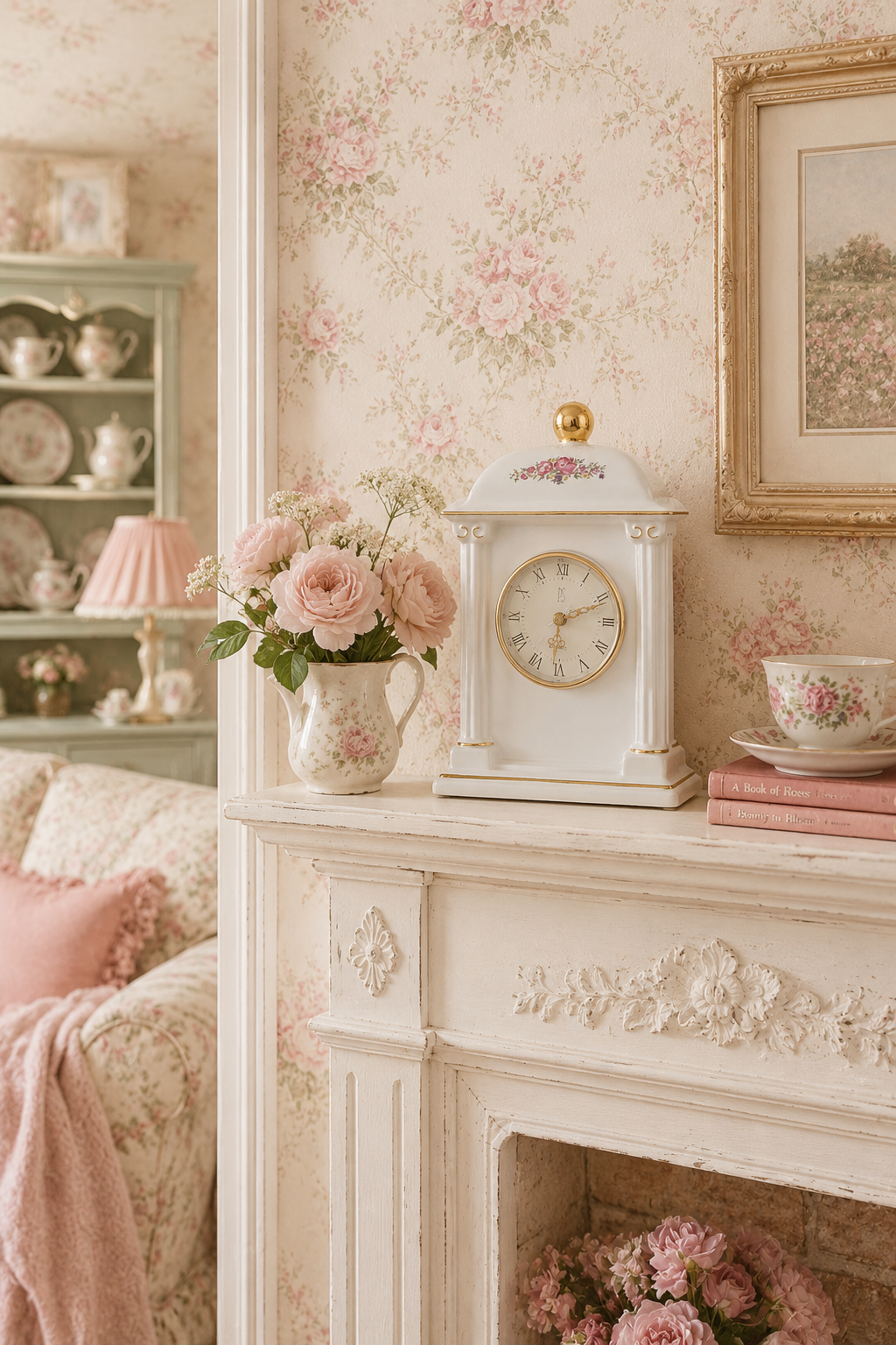 1993 Paul Sebastian Limited Edition Porcelain Mantel Clock | White Ceramic with Pink Florals & 22K Gold Accents