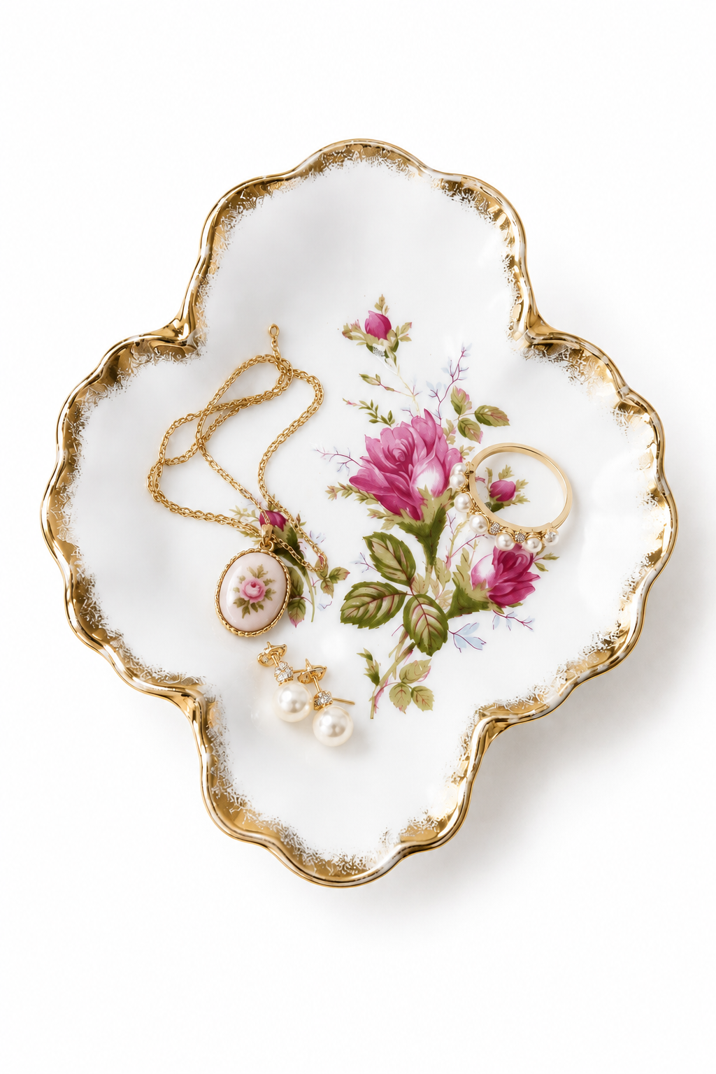 Vintage 1950s Cherry China Made in Japan Pink Rose Porcelain Trinket & Jewelry Dish