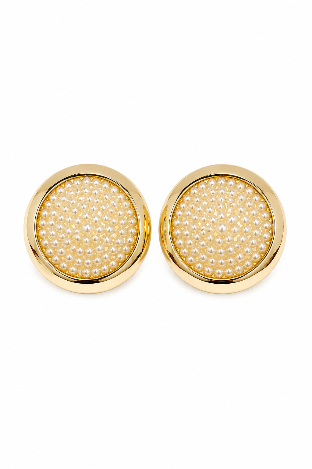 Vintage 1980s Gold-Tone Faux Seed Pearl Clip-On Dome Button Statement Earrings