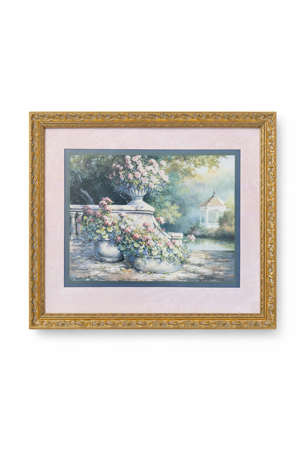 Vintage 1980s Gazebo Garden Art Frame | Framed Cottagecore Floral Landscape, Gold Frame Wall Decor