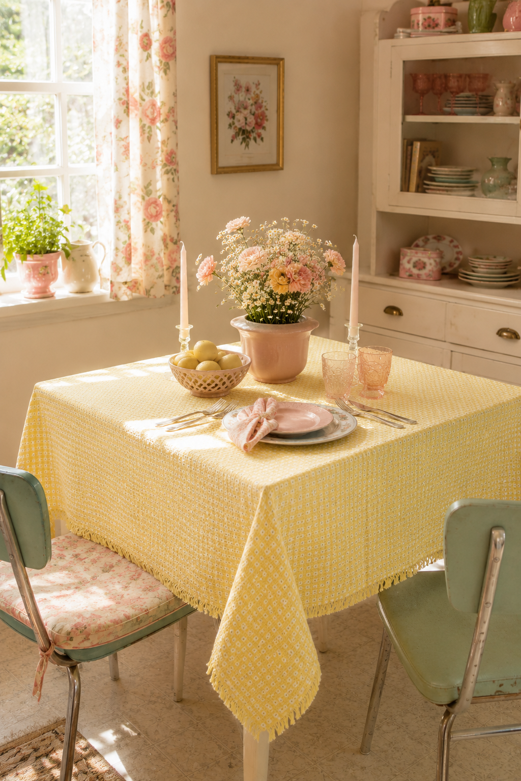 Vintage Pastel Lemon Yellow Square Tablecloth | Retro 1970s Cottage Table Linen | Fringe Edge