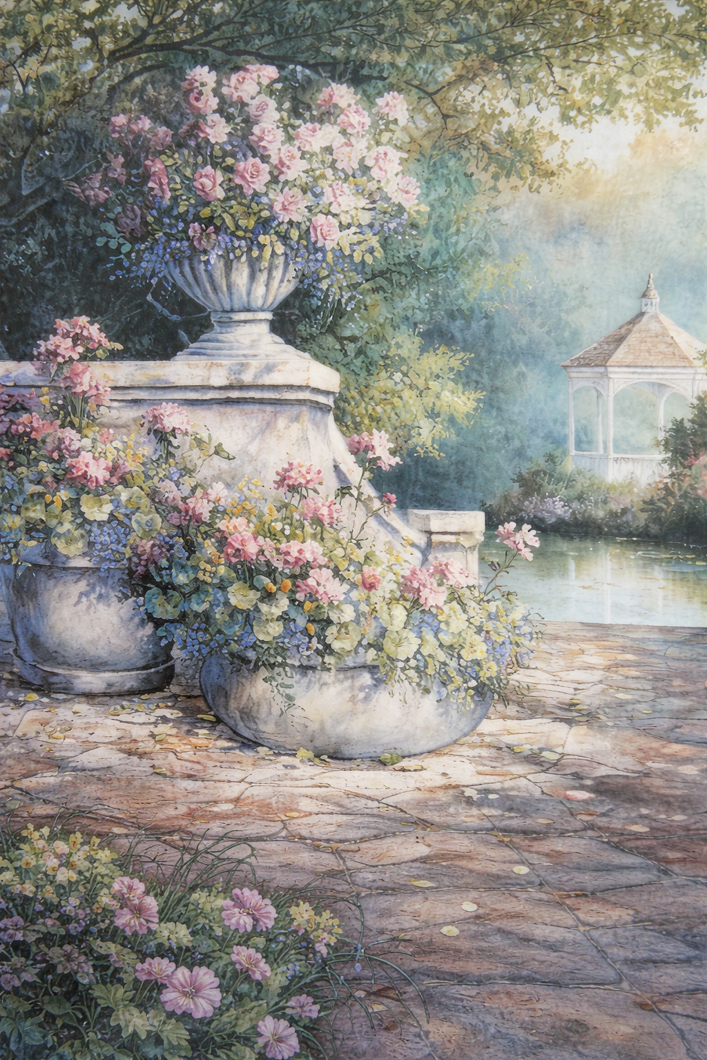 Vintage 1980s Gazebo Garden Art Frame | Framed Cottagecore Floral Landscape, Gold Frame Wall Decor