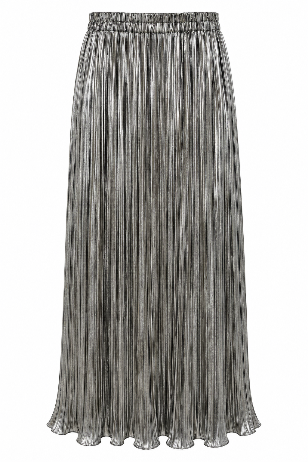 Vintage Michael Marcella Metallic Silver Pleated Maxi Skirt | Elastic Waist – Made in USA – Size Small