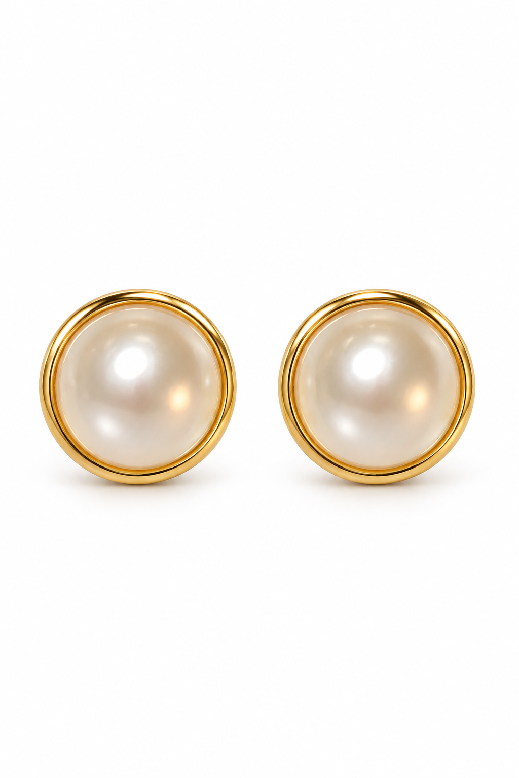 Vintage 1980s Gold-Tone Faux Pearl Bezel Button Stud Earrings – 1/2”
