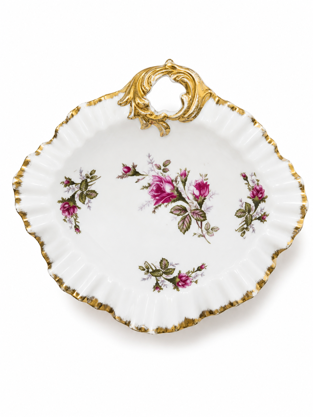 Vintage 1950s Pink Rose Porcelain Trinket & Jewelry Dish with Ornate Gold Trim