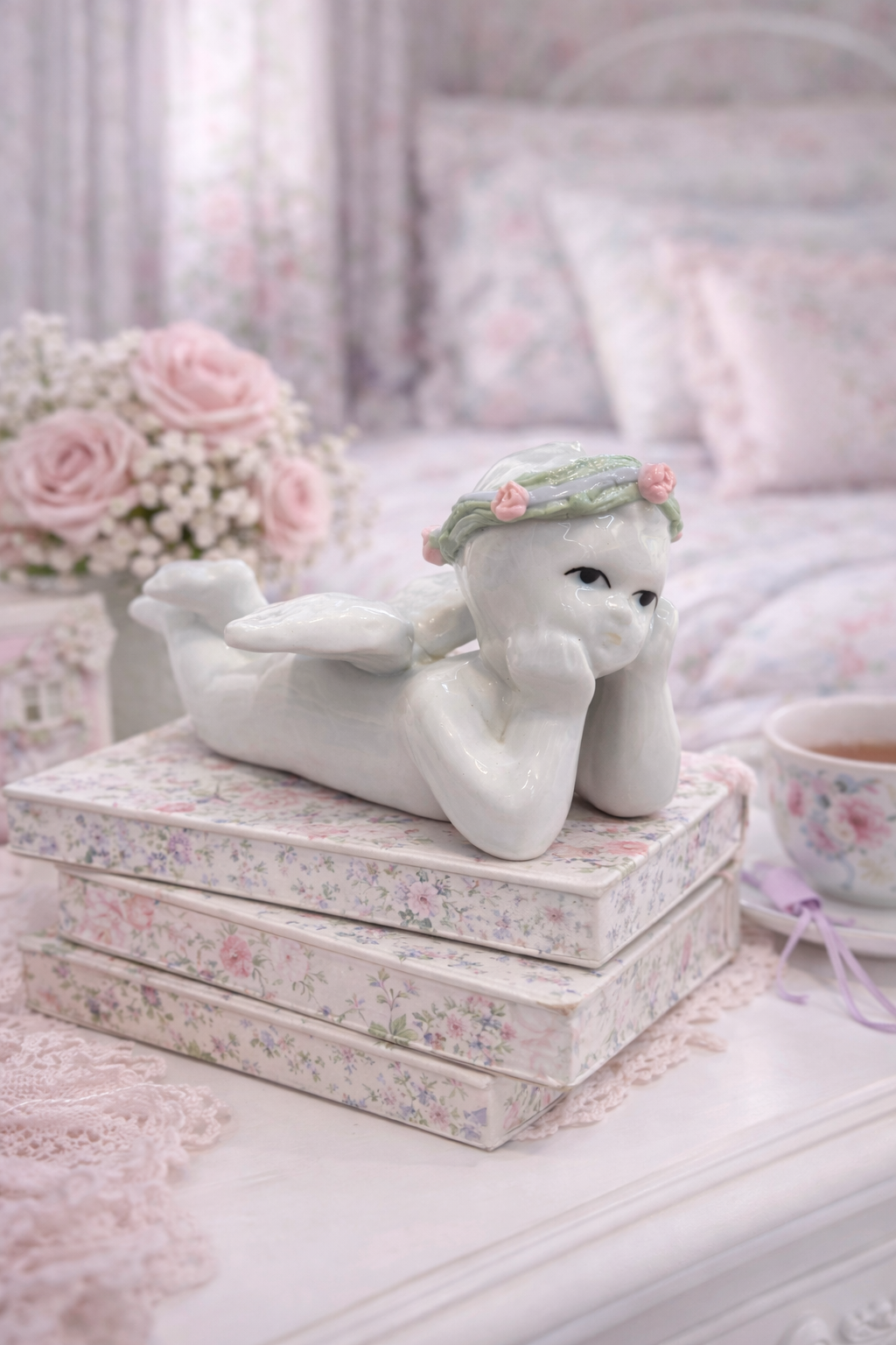 Dreaming Cherub Angel | Laying Porcelain Figurine