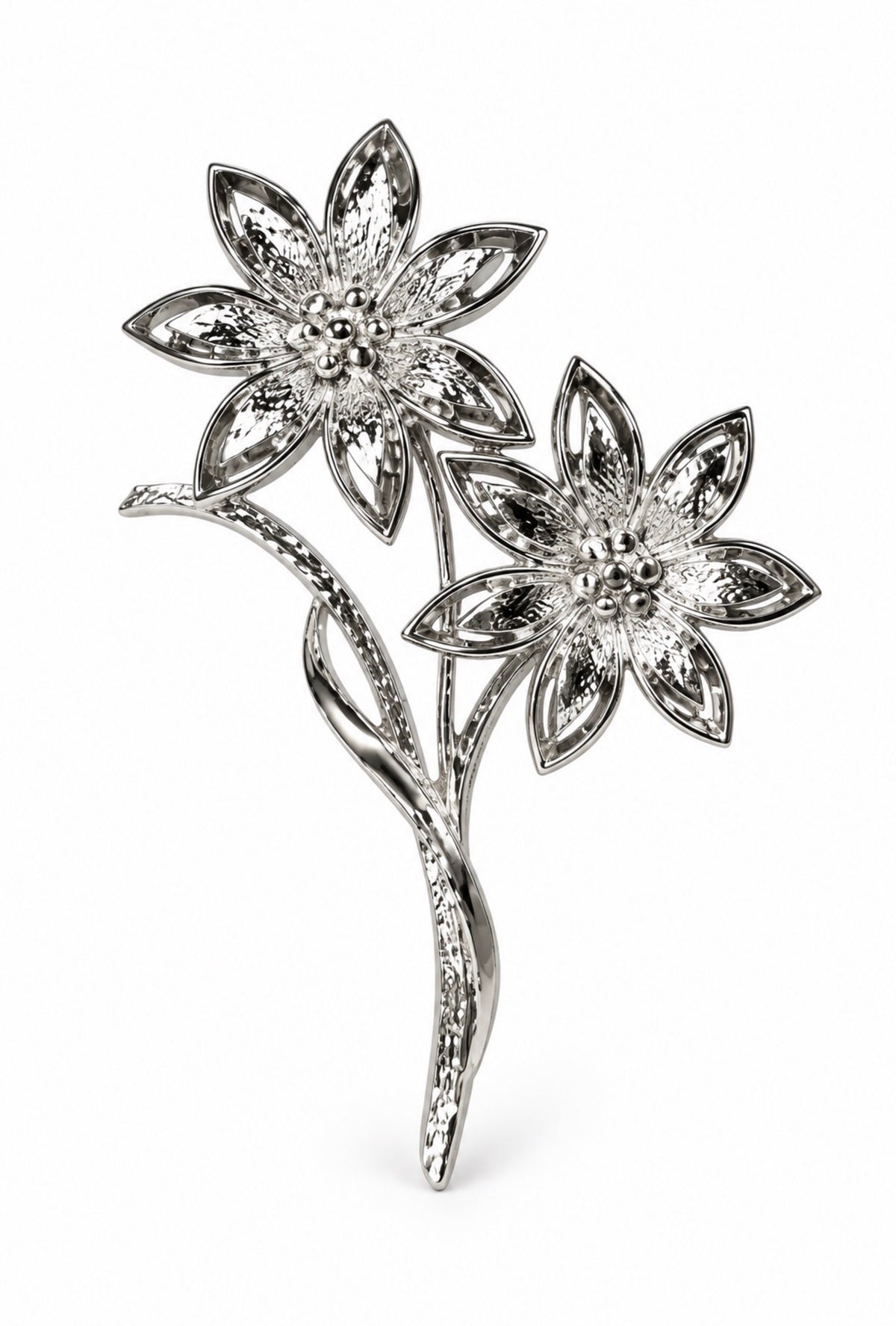 Vintage 1960s–1970s Silver-Tone Double Flower Spray Brooch – Textured Openwork Floral Pin – 2.5”