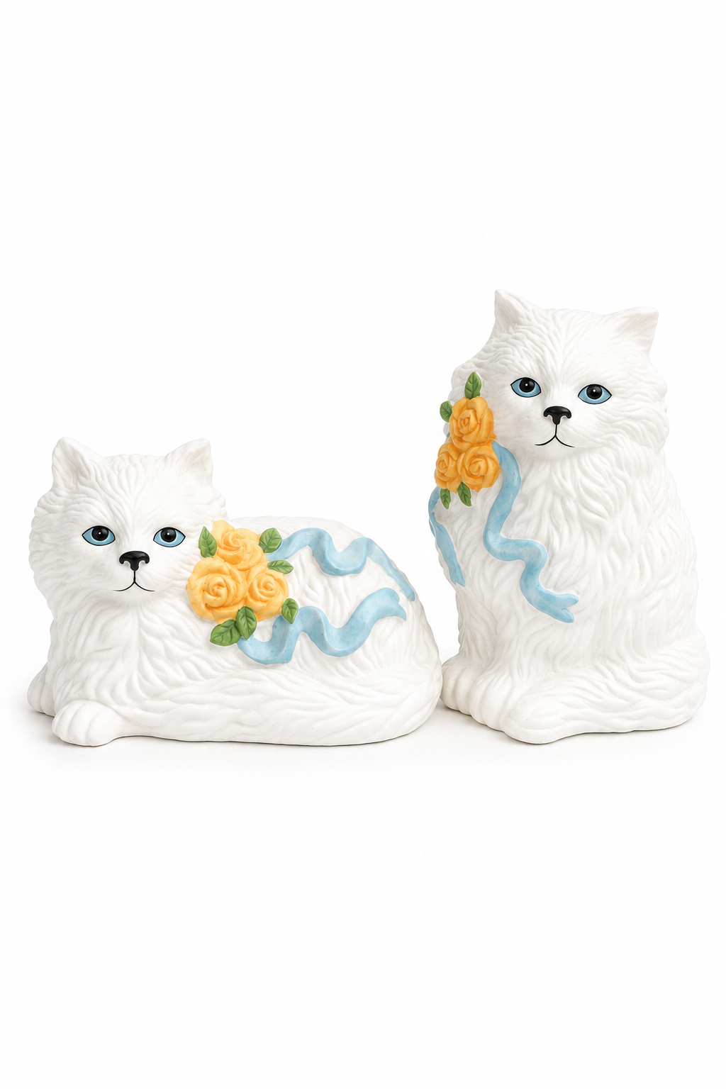 Vintage 1992 Loomco White Cat Figurines with Blue Ribbons & Yellow Roses – Set of 2
