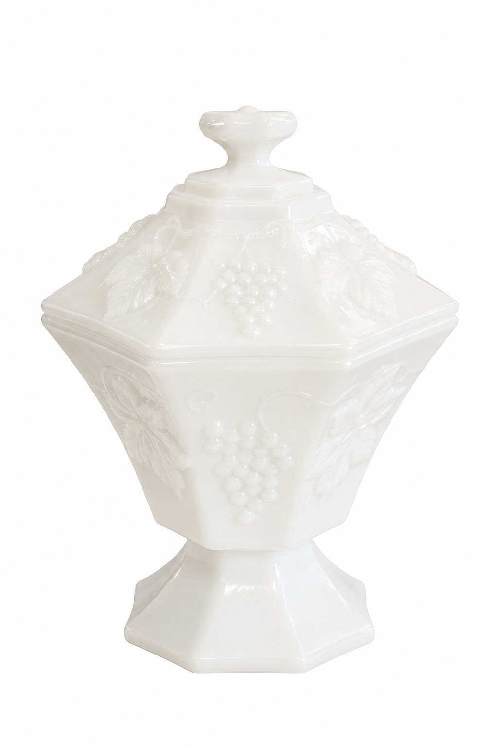 Vintage Milk Glass Covered Candy Dish | Grape Harvest Pedestal Compote