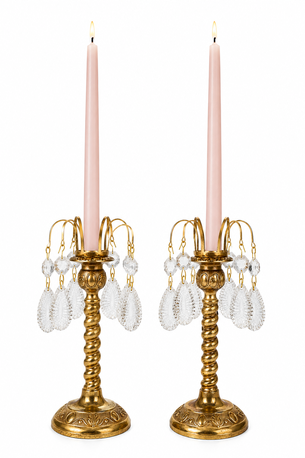 Vintage Made in England Brass Crystal Prism Candlestick Holders – Set of 2 Ornate Candle Holders