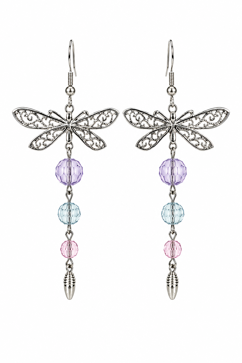 Vintage 1990s Avon Dragonfly Dangle Earrings Silver Tone Filigree Pastel Beaded Pierced Earrings