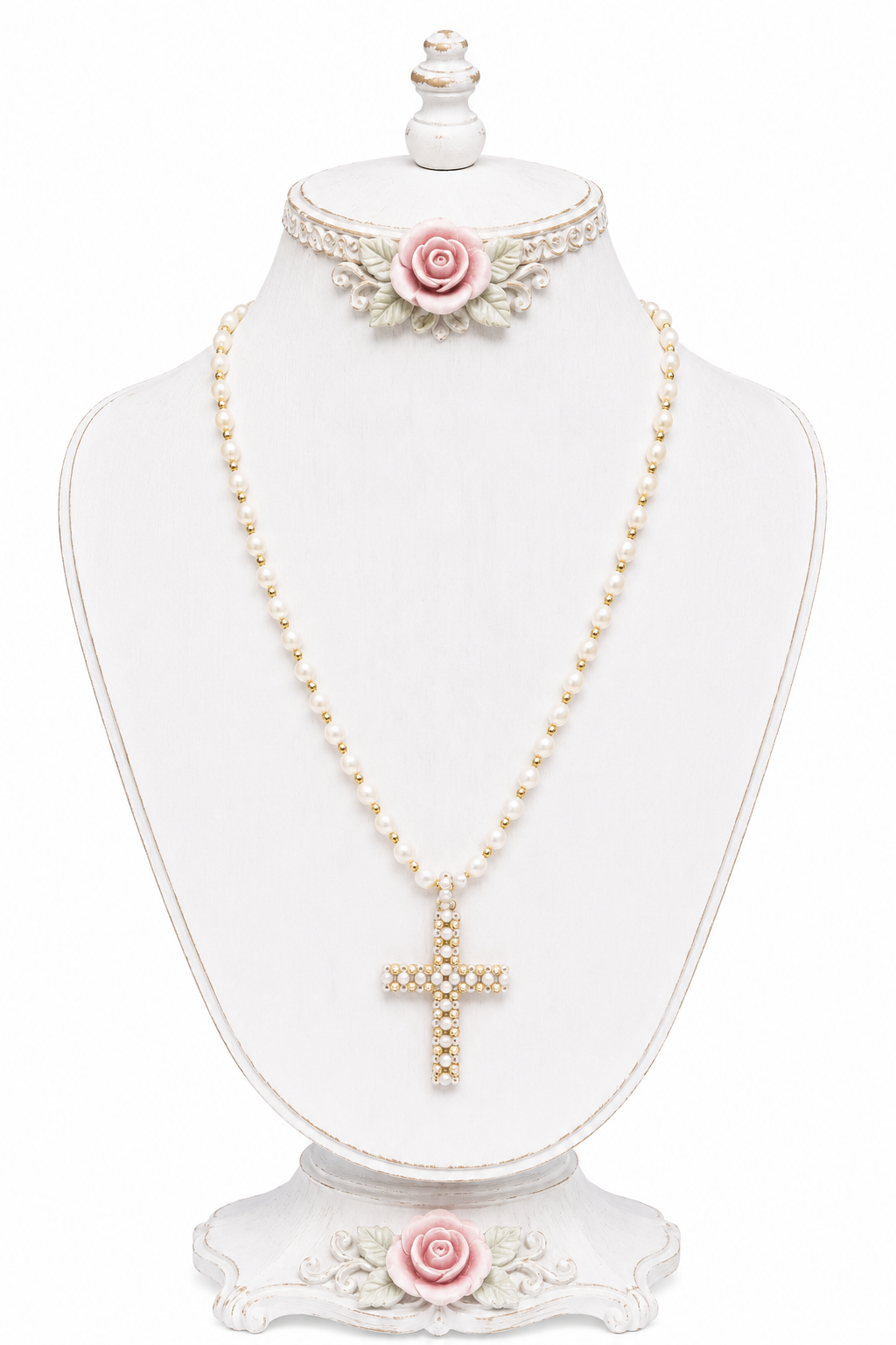 Vintage Faux Pearl Cross Necklace | Gold-Tone Religious Statement Necklace | 20” Long
