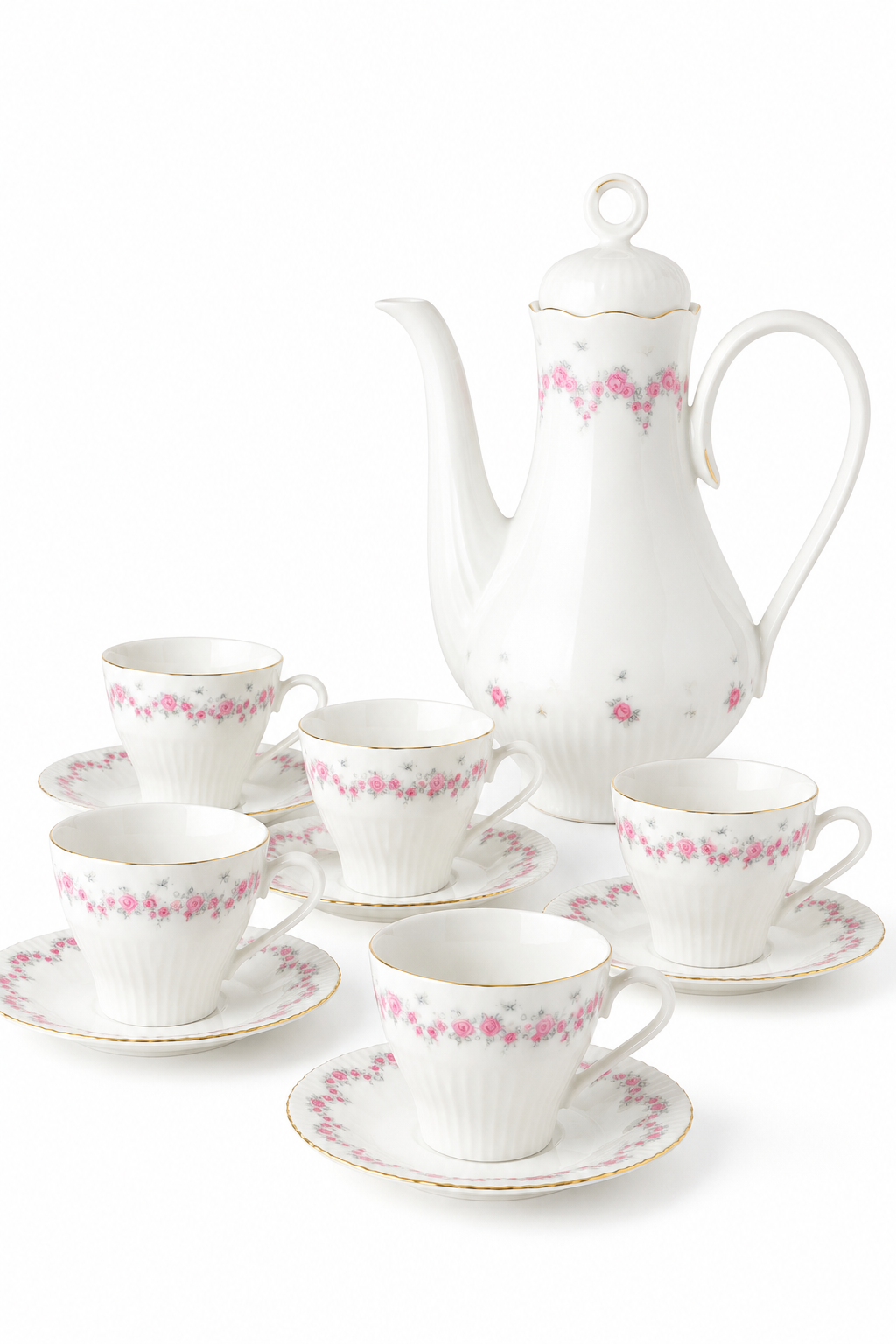 Vintage 1970s JLMENAU Graf von Henneberg Porcelain Tea Set | Teapot with 5 Teacups & Saucers | Made in GDR Germany
