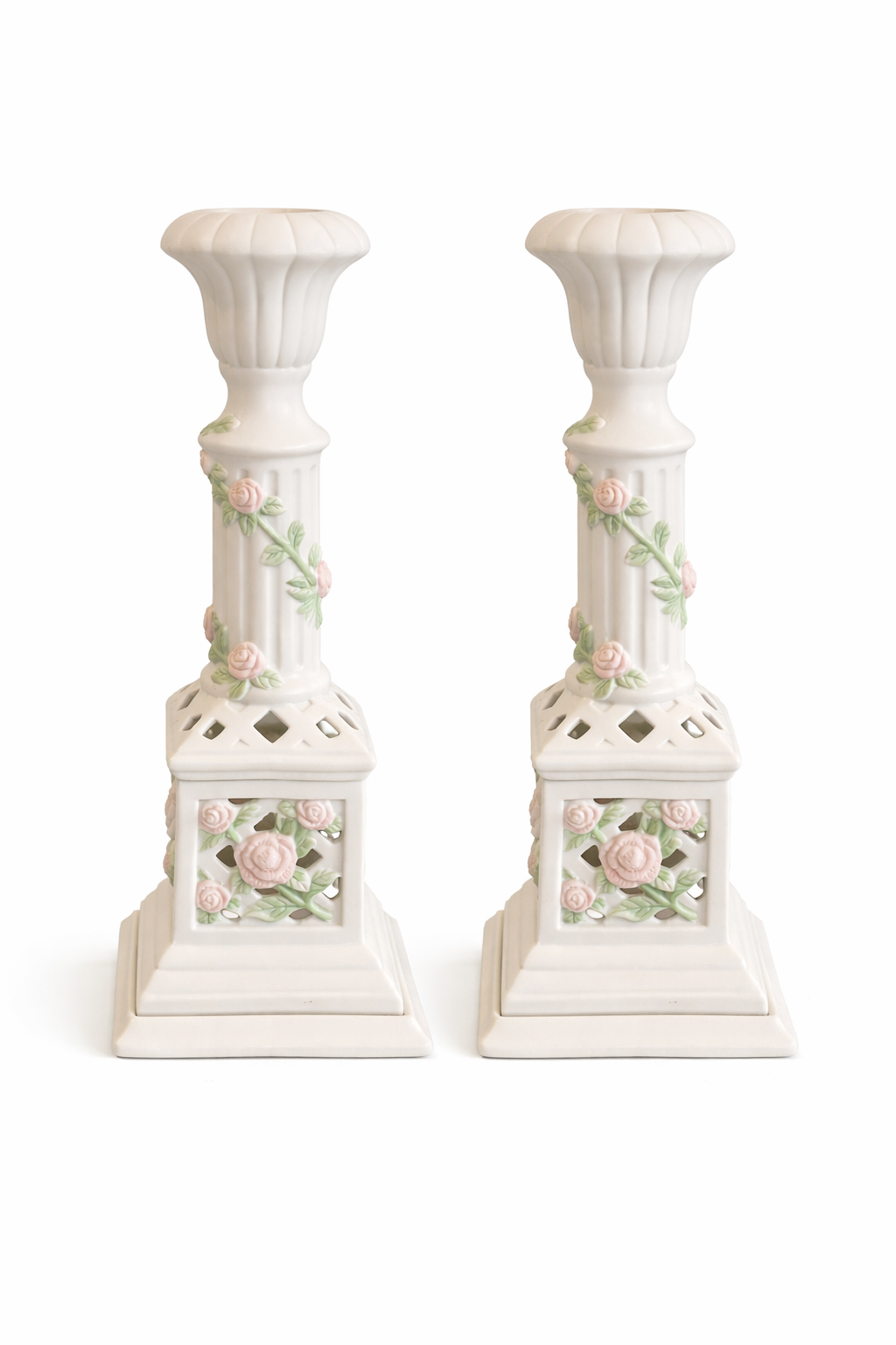 Vintage 1990s Avon Bisque Porcelain Candle Holders | Set of 2, Floral Cottage Decor